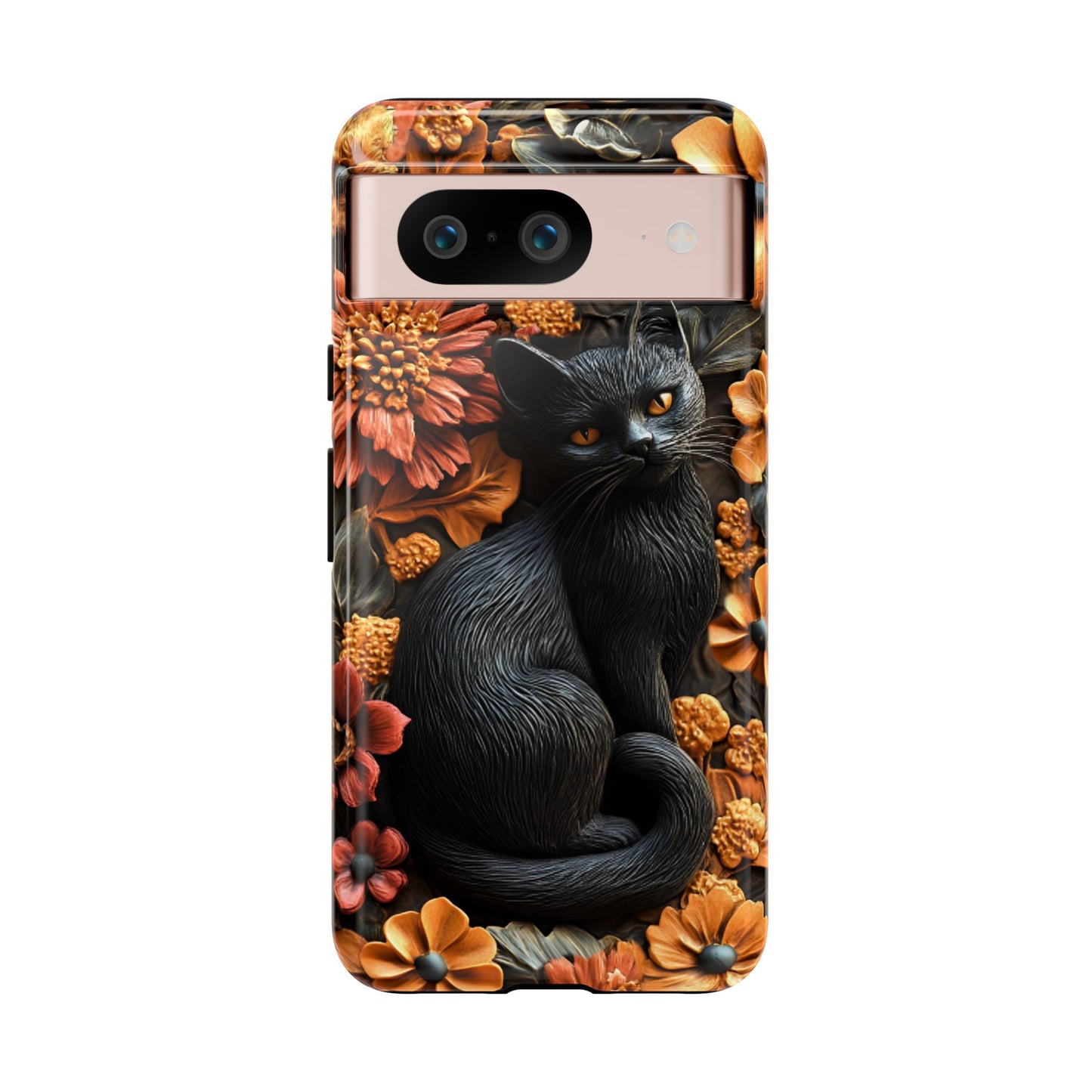 Black Cat Floral Fall Phone Case - Carved Clay Effect Cat Lover Phone Cases - iPhone 16 15 14 13 12 11, Samsung Galaxy & Google Pixel Phone Covers