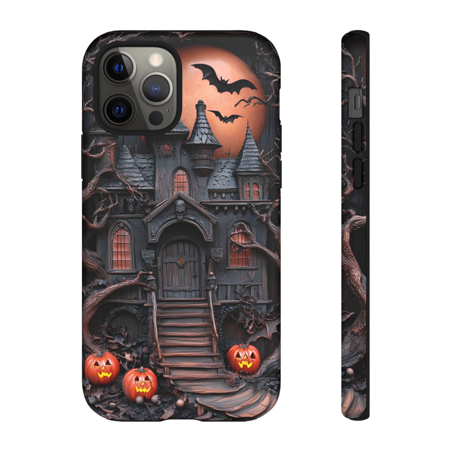 Carved Wood Haunted House Phone Case - Faux Wood Spooky Halloween Phone Cases - iPhone 16 15 14 13 12 11, Samsung Galaxy & Google Pixel Phone Covers