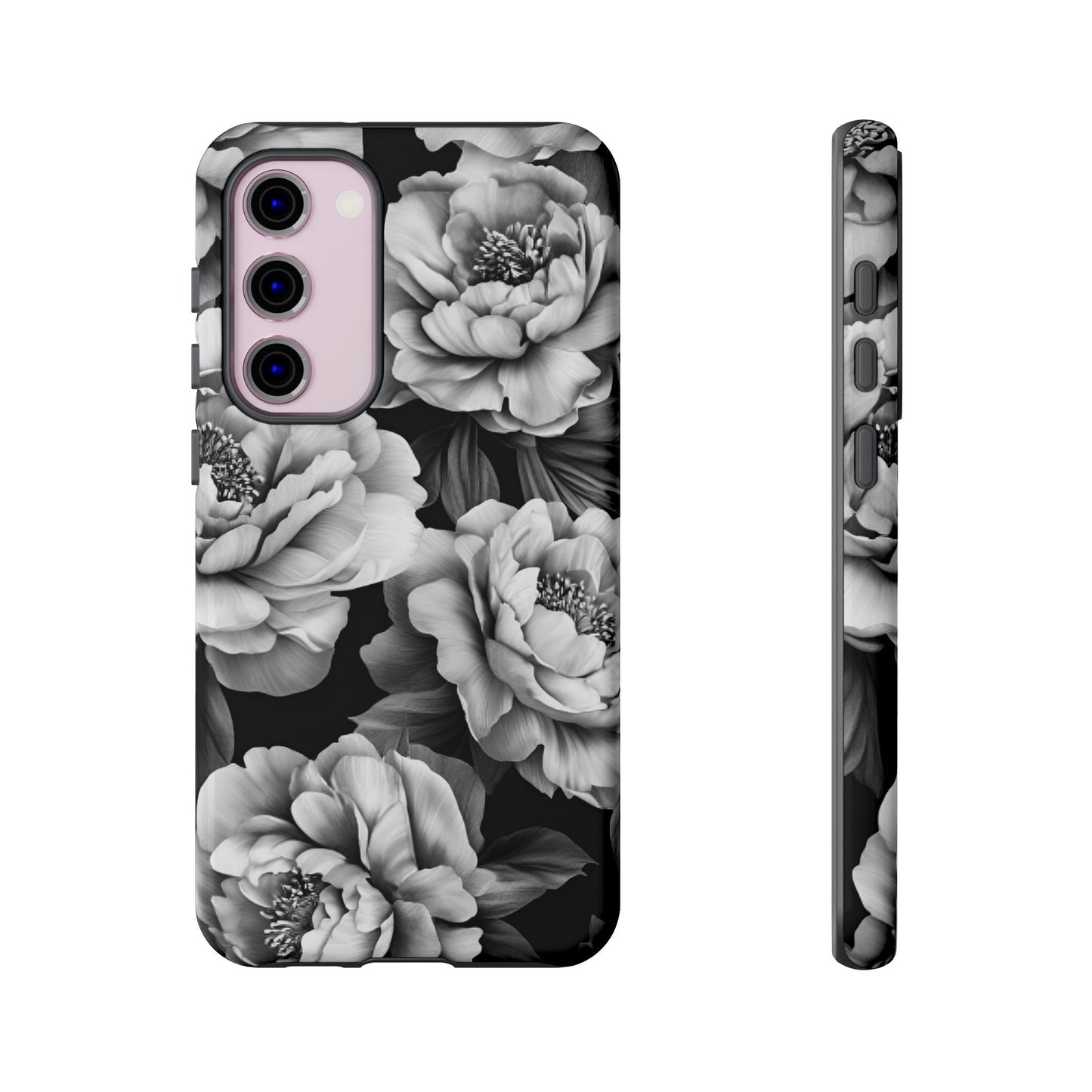 Black and White Peony Flower Phone Case - Aesthetic Dark Floral Phone Cases for iPhone 16 15 14 13 12 11, Samsung Galaxy & Google Pixel