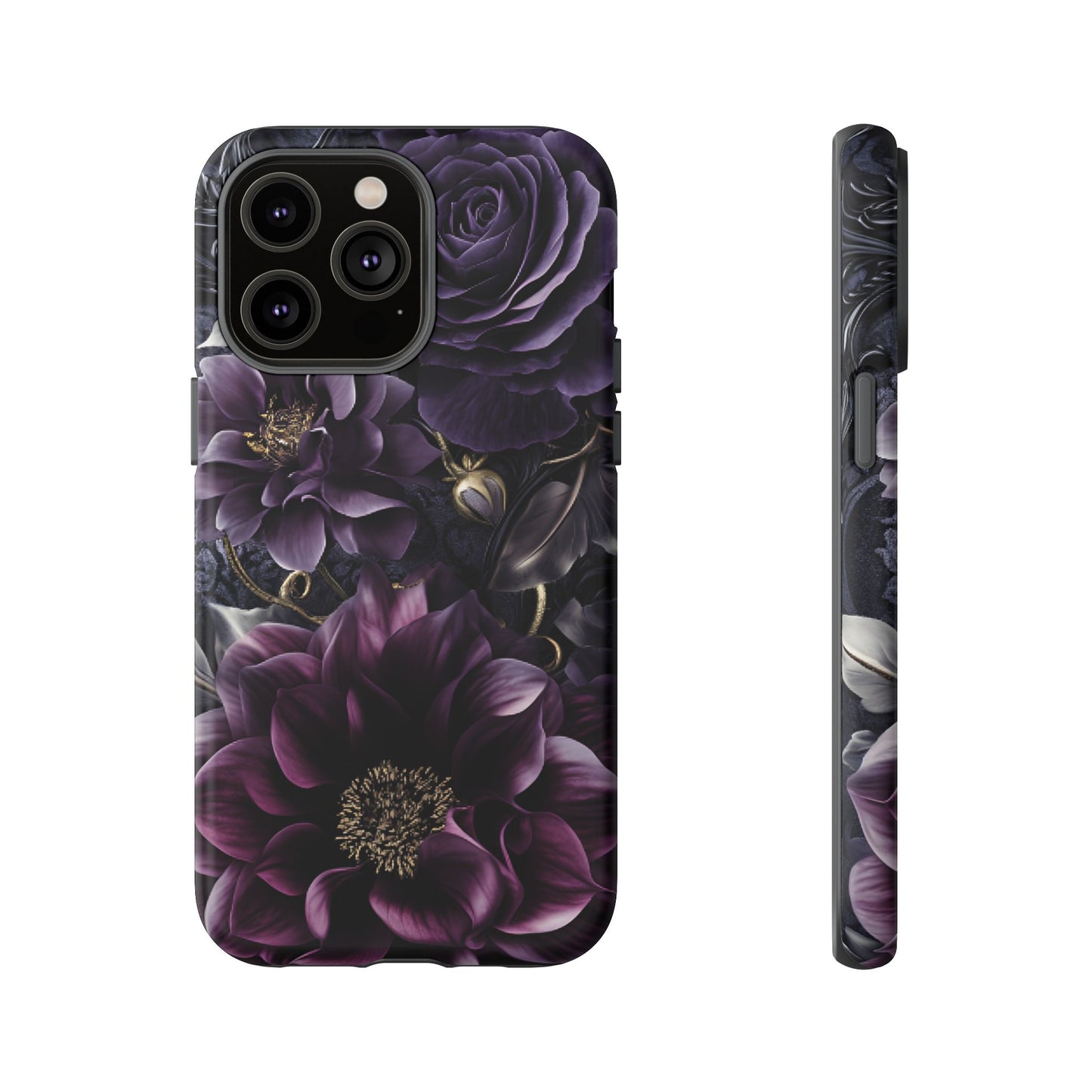 Gothic Dark Floral Phone Case - Aesthetic Purple and Gold Flowers for iPhone 16 15 14 13 12 11, Samsung Galaxy & Google Pixel