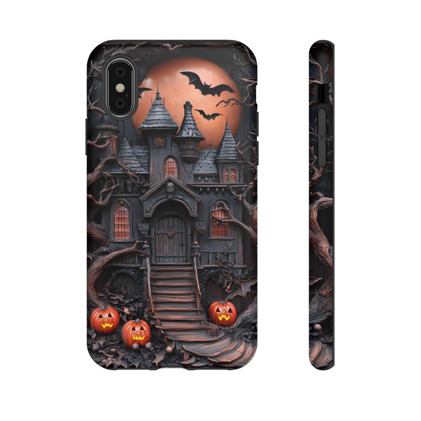 Carved Wood Haunted House Phone Case - Faux Wood Spooky Halloween Phone Cases - iPhone 16 15 14 13 12 11, Samsung Galaxy & Google Pixel Phone Covers - Boo and Bewear