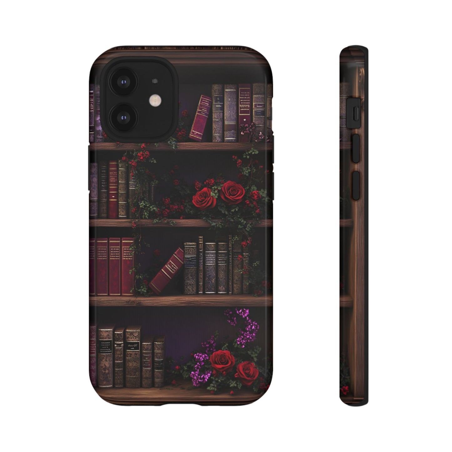 Book Lovers Phone Case - Roses and Books in Moody Vintage Bookshelf - iPhone 16 15 14 13 12 11, Samsung Galaxy & Google Pixel Phone Covers