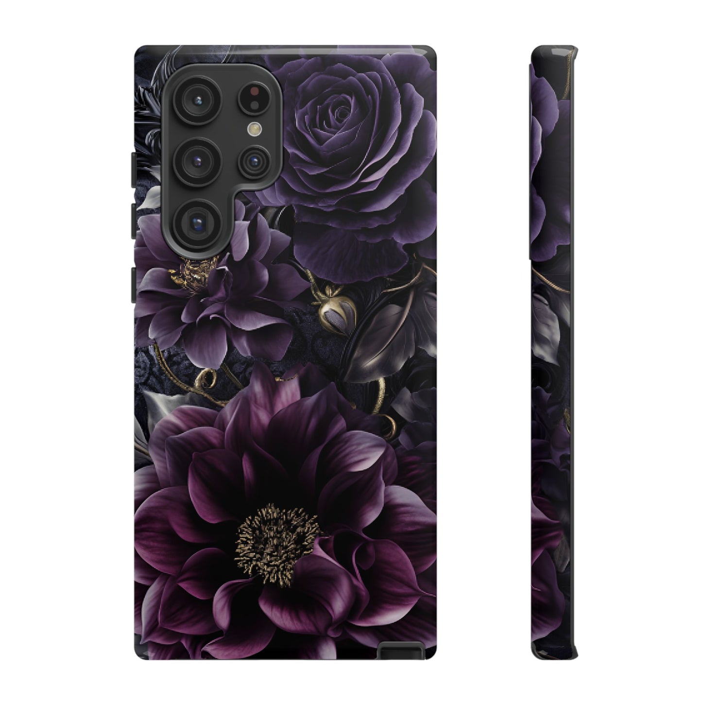 Gothic Dark Floral Phone Case - Aesthetic Purple and Gold Flowers - iPhone 16 15 14 13 12 11, Samsung Galaxy & Google Pixel Phone Covers