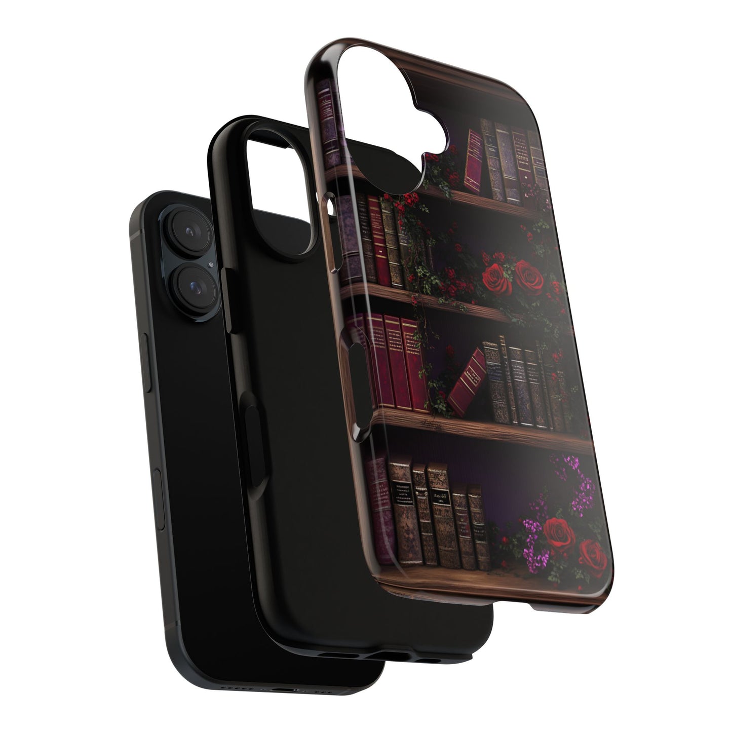 Book Lovers Phone Case - Roses and Books in Moody Vintage Bookshelf - iPhone 16 15 14 13 12 11, Samsung Galaxy & Google Pixel Phone Covers