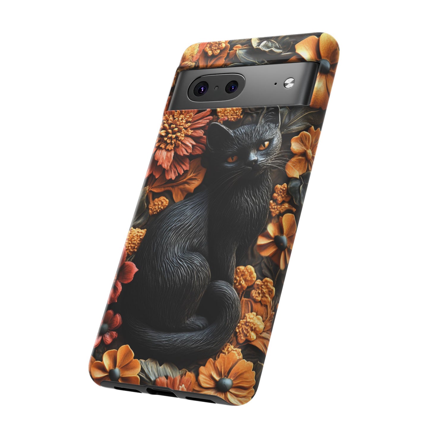 Black Cat Floral Fall Phone Case - Carved Clay Effect Cat Lover Phone Cases for iPhone 16 15 14 13 12 11, Samsung Galaxy & Google Pixel