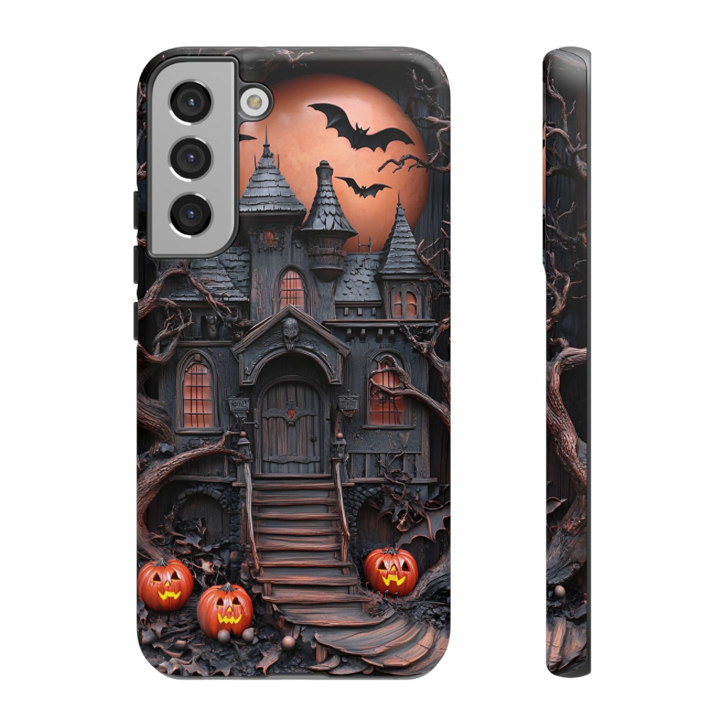 Carved Wood Haunted House Phone Case - Faux Wood Spooky Halloween Phone Cases - iPhone 16 15 14 13 12 11, Samsung Galaxy & Google Pixel Phone Covers