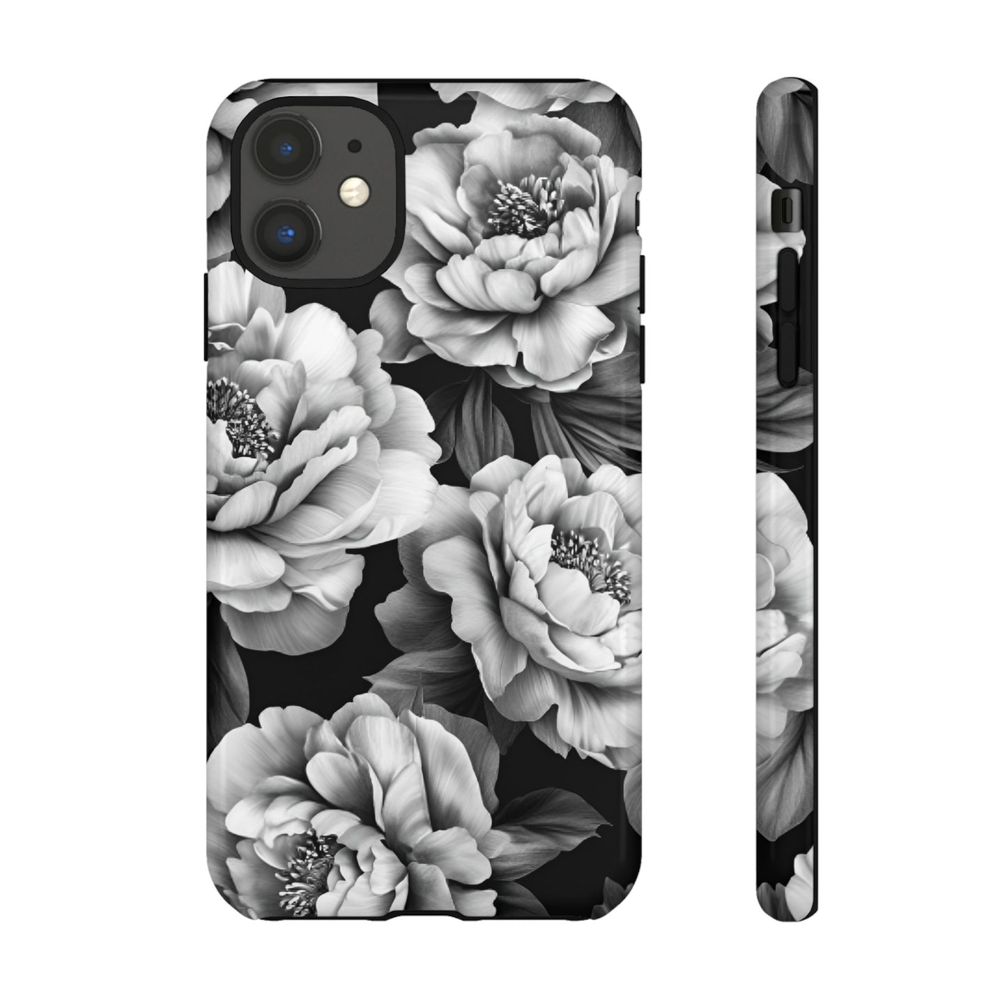 Black and White Peony Flower Phone Case - Aesthetic Dark Floral Phone Cases for iPhone 16 15 14 13 12 11, Samsung Galaxy & Google Pixel