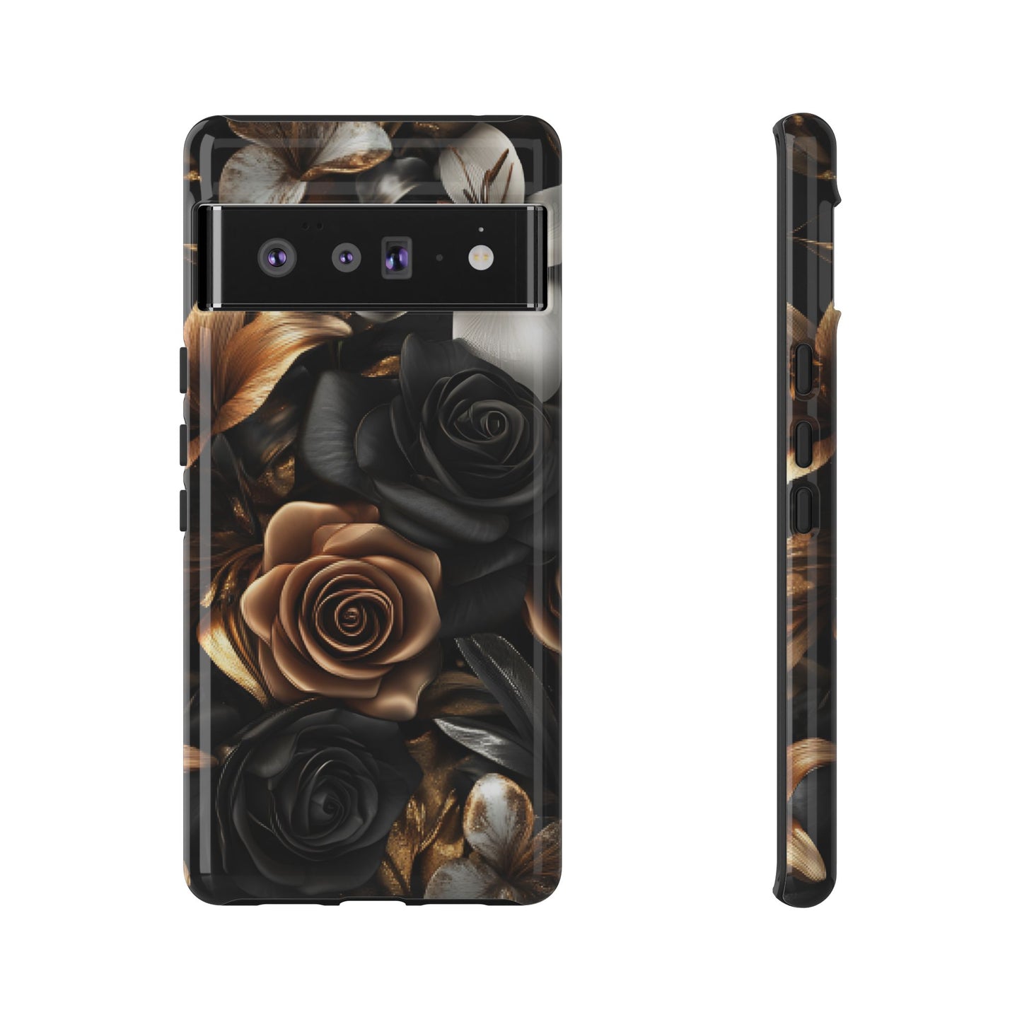 Floral Phone Case - Black and Gold Roses - iPhone 16 15 14 13 12 11, Samsung Galaxy & Google Pixel Phone Covers