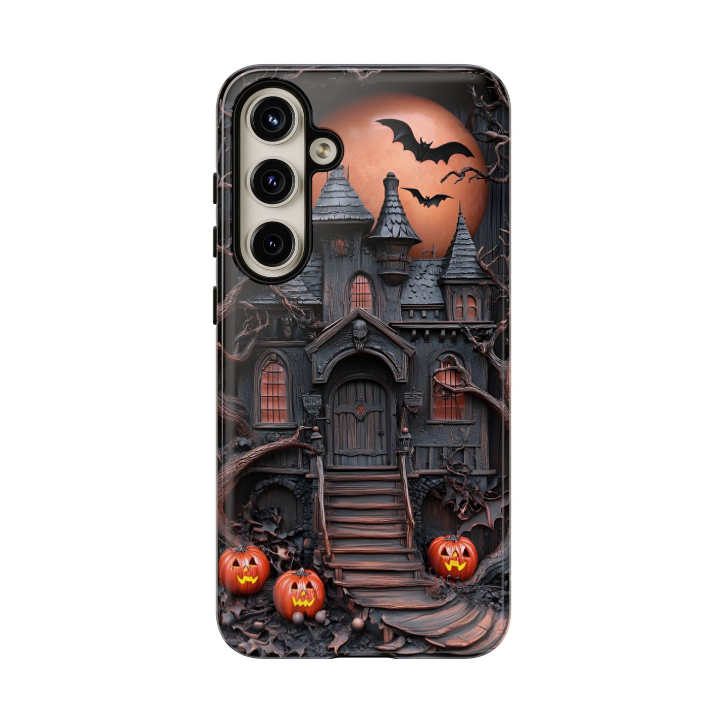 Carved Wood Haunted House Phone Case - Faux Wood Spooky Halloween Phone Cases for iPhone 16 15 14 13 12 11, Samsung Galaxy & Google Pixel