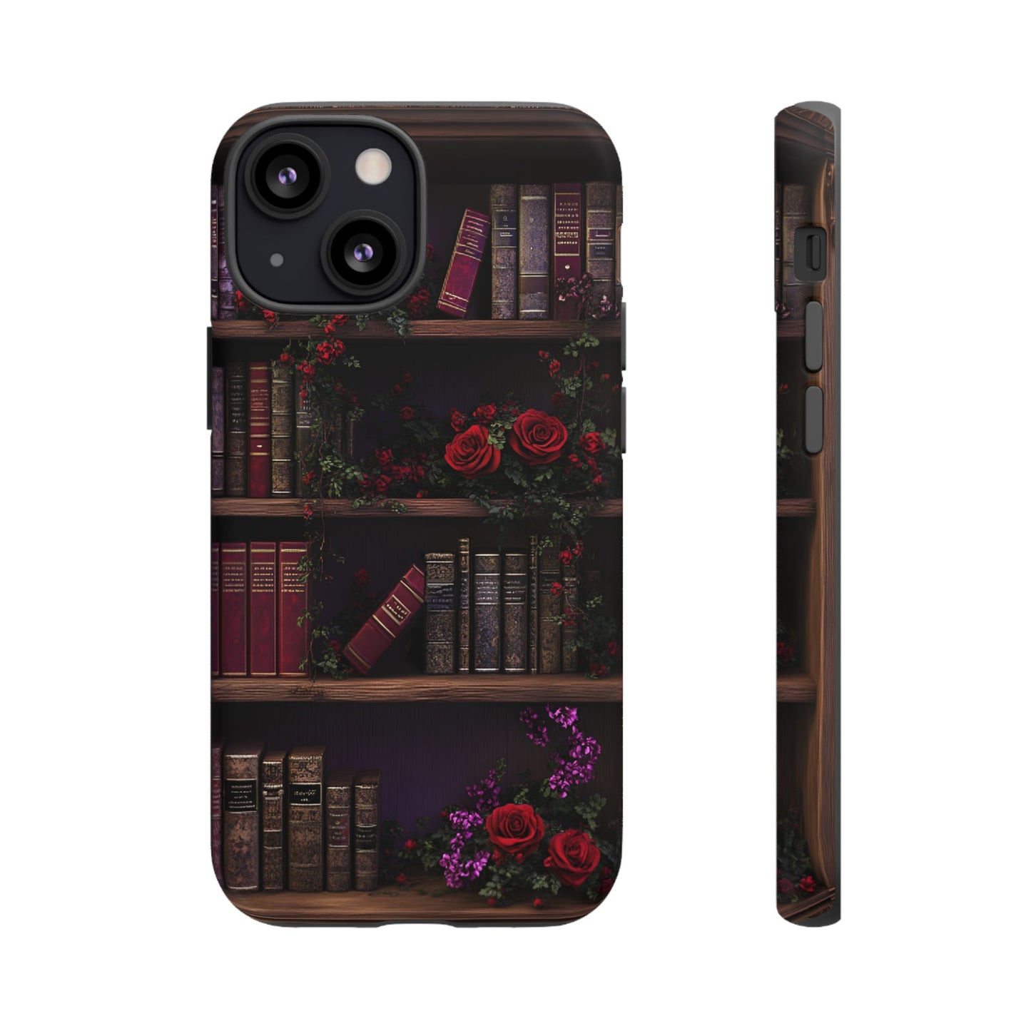 Book Lovers Phone Case - Roses and Books in Moody Vintage Bookshelf - iPhone 16 15 14 13 12 11, Samsung Galaxy & Google Pixel Phone Covers