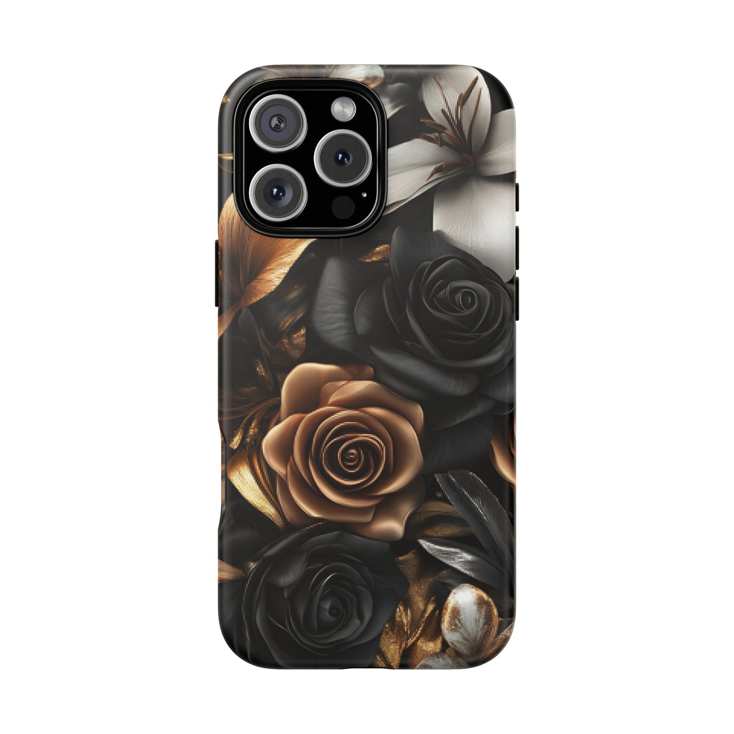 Floral Phone Case - Black and Gold Roses for iPhone 16 15 14 13 12 11, Samsung Galaxy & Google Pixel