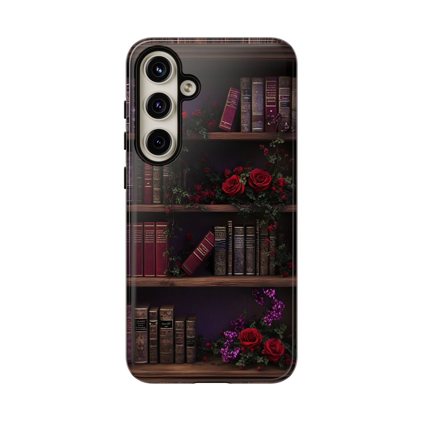 Book Lovers Phone Case - Roses and Books in Moody Vintage Bookshelf - iPhone 16 15 14 13 12 11, Samsung Galaxy & Google Pixel Phone Covers