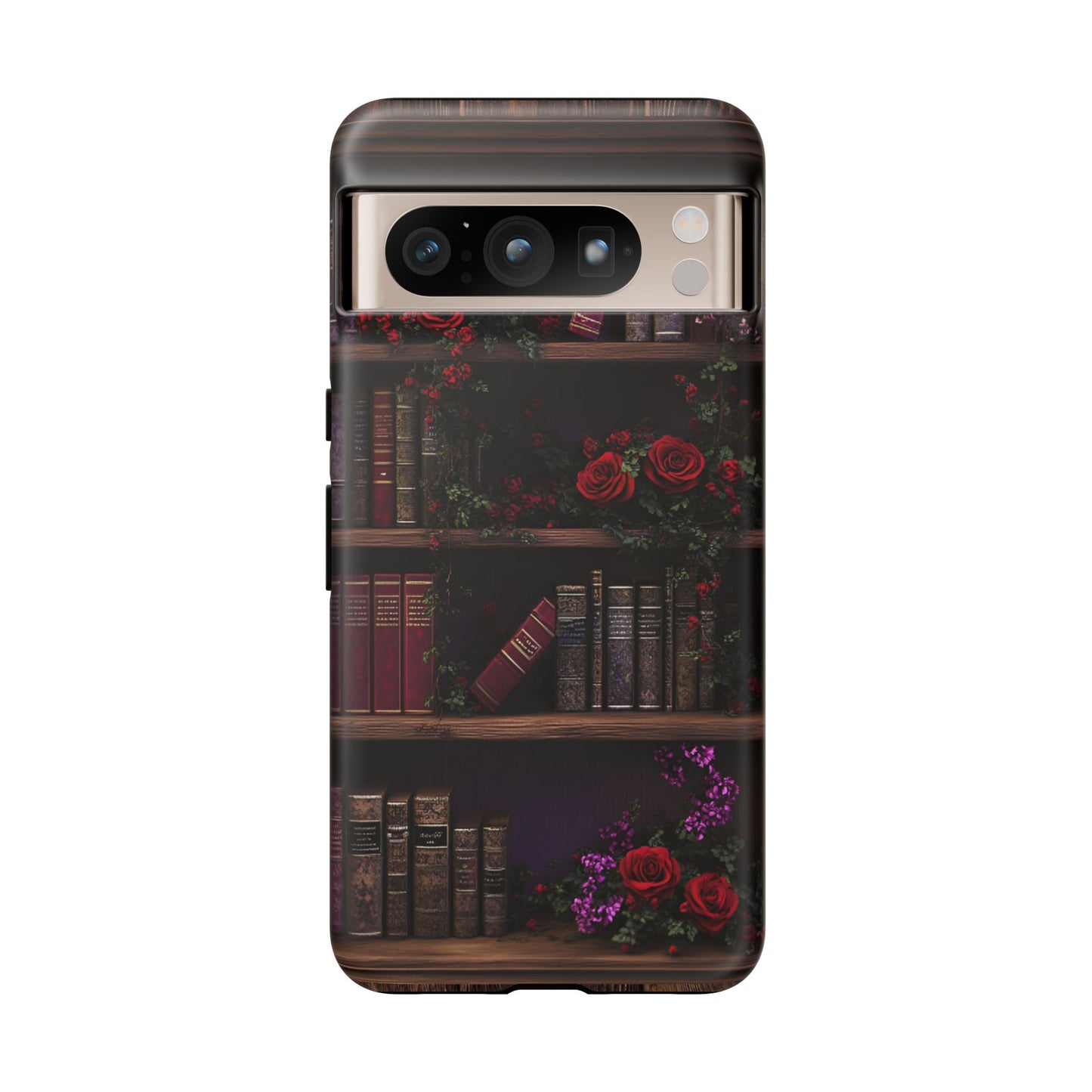 Book Lovers Phone Case - Roses and Books in Moody Vintage Bookshelf - iPhone 16 15 14 13 12 11, Samsung Galaxy & Google Pixel Phone Covers