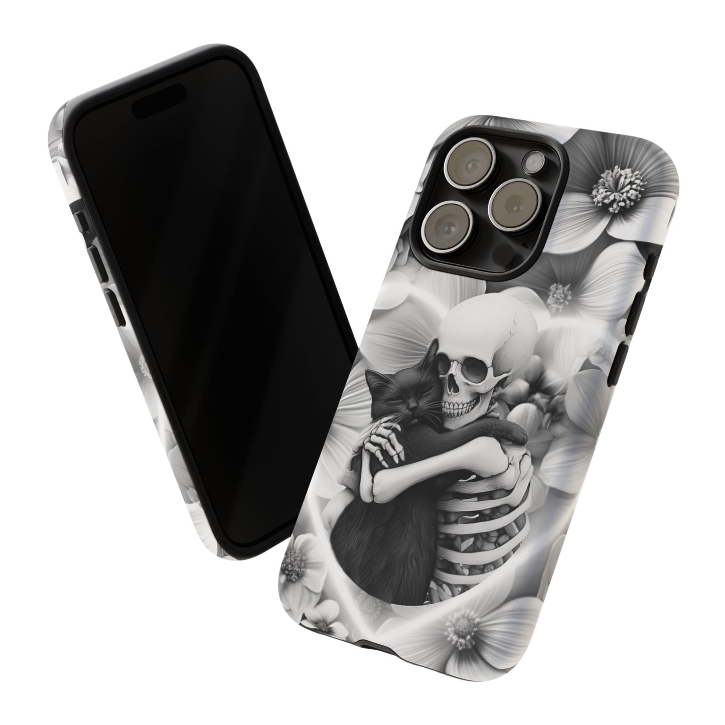 Skeleton & Black Cat Phone Case - Aesthetic Cat Lover Phone Cases for iPhone 16 15 14 13 12 11, Samsung Galaxy & Google Pixel