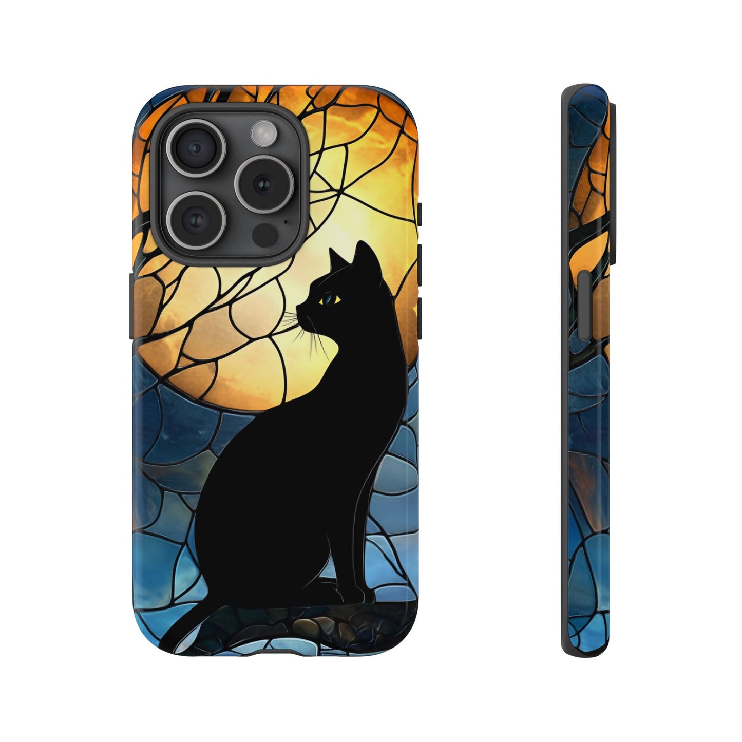 Black Cat and Moon Stained Glass Phone Case - Celestial Cat Lover Phone Cases for iPhone 16 15 14 13 12 11, Samsung Galaxy & Google Pixel