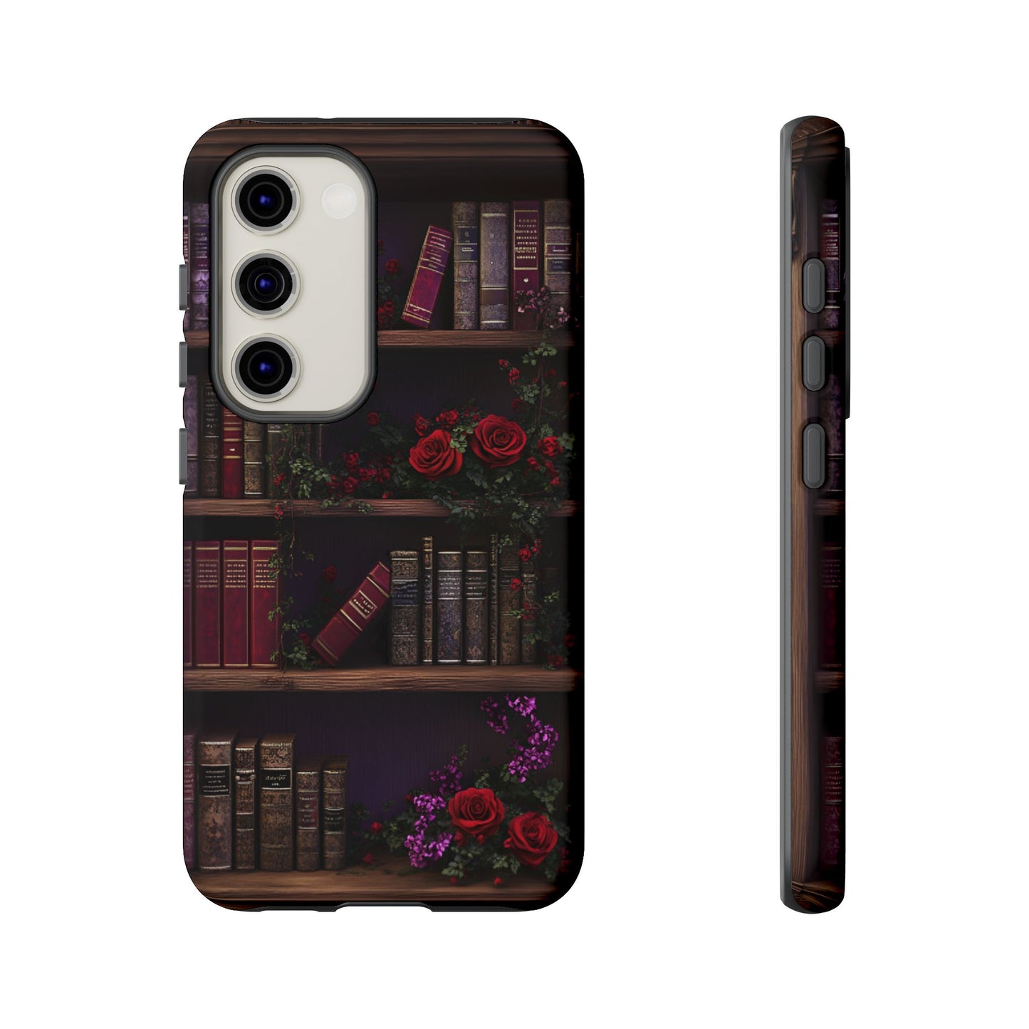 Book Lovers Phone Case - Roses and Books in Moody Vintage Bookshelf for iPhone 16 15 14 13 12 11, Samsung Galaxy & Google Pixel