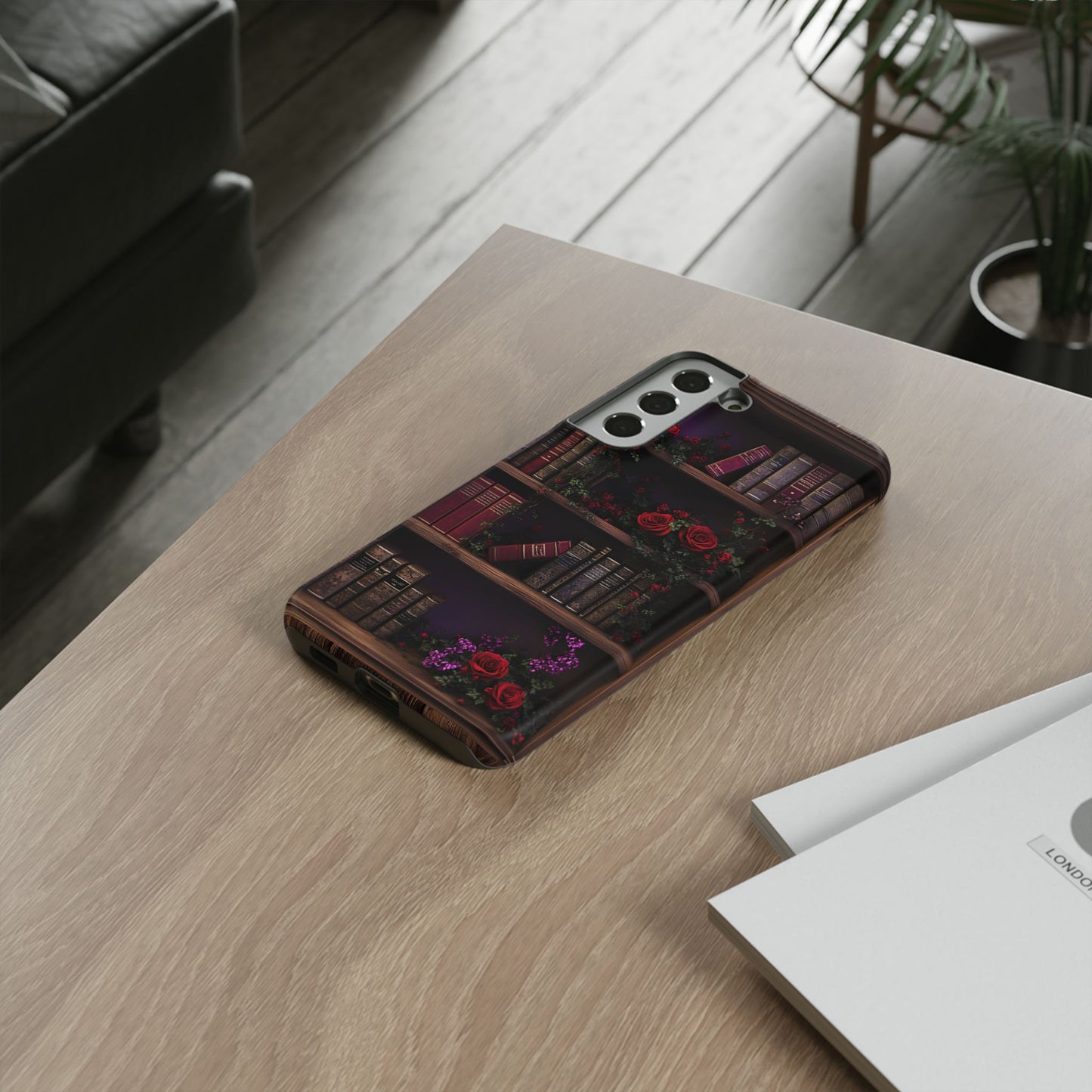 Book Lovers Phone Case - Roses and Books in Moody Vintage Bookshelf - iPhone 16 15 14 13 12 11, Samsung Galaxy & Google Pixel Phone Covers