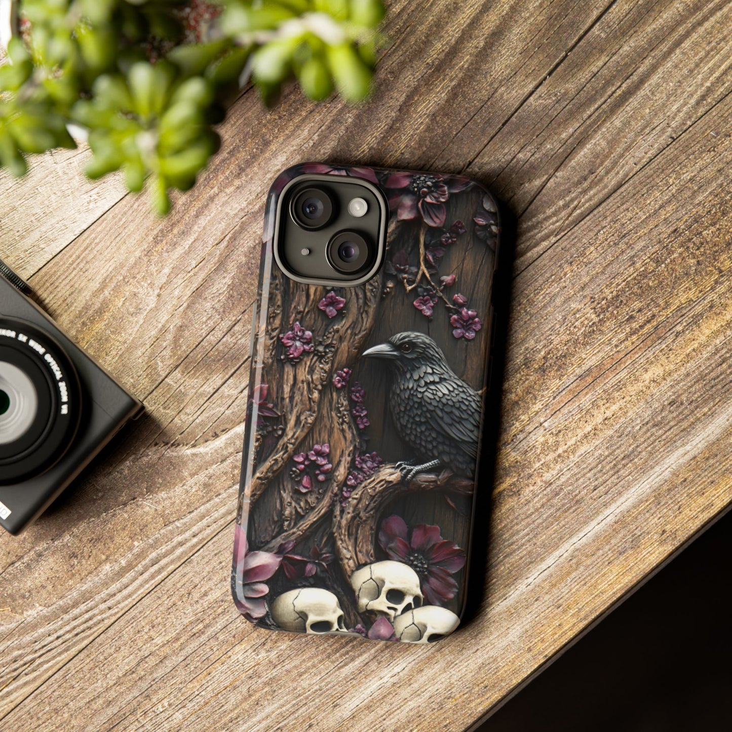 Raven and Skulls Phone Case - Gothic Faux Wood Phone Cases - iPhone 16 15 14 13 12 11, Samsung Galaxy & Google Pixel Phone Covers