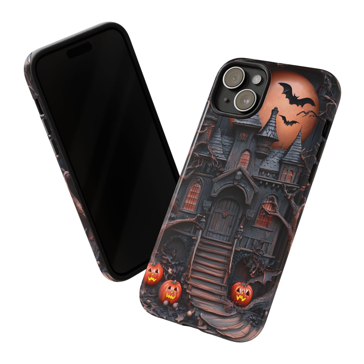 Carved Wood Haunted House Phone Case - Faux Wood Spooky Halloween Phone Cases for iPhone 16 15 14 13 12 11, Samsung Galaxy & Google Pixel