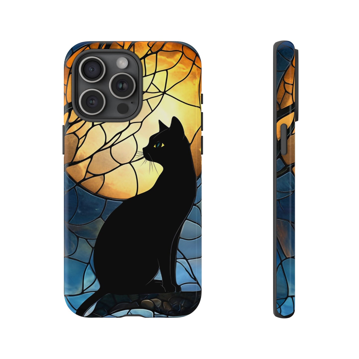 Black Cat and Moon Stained Glass Phone Case - Celestial Cat Lover Phone Cases for iPhone 16 15 14 13 12 11, Samsung Galaxy & Google Pixel