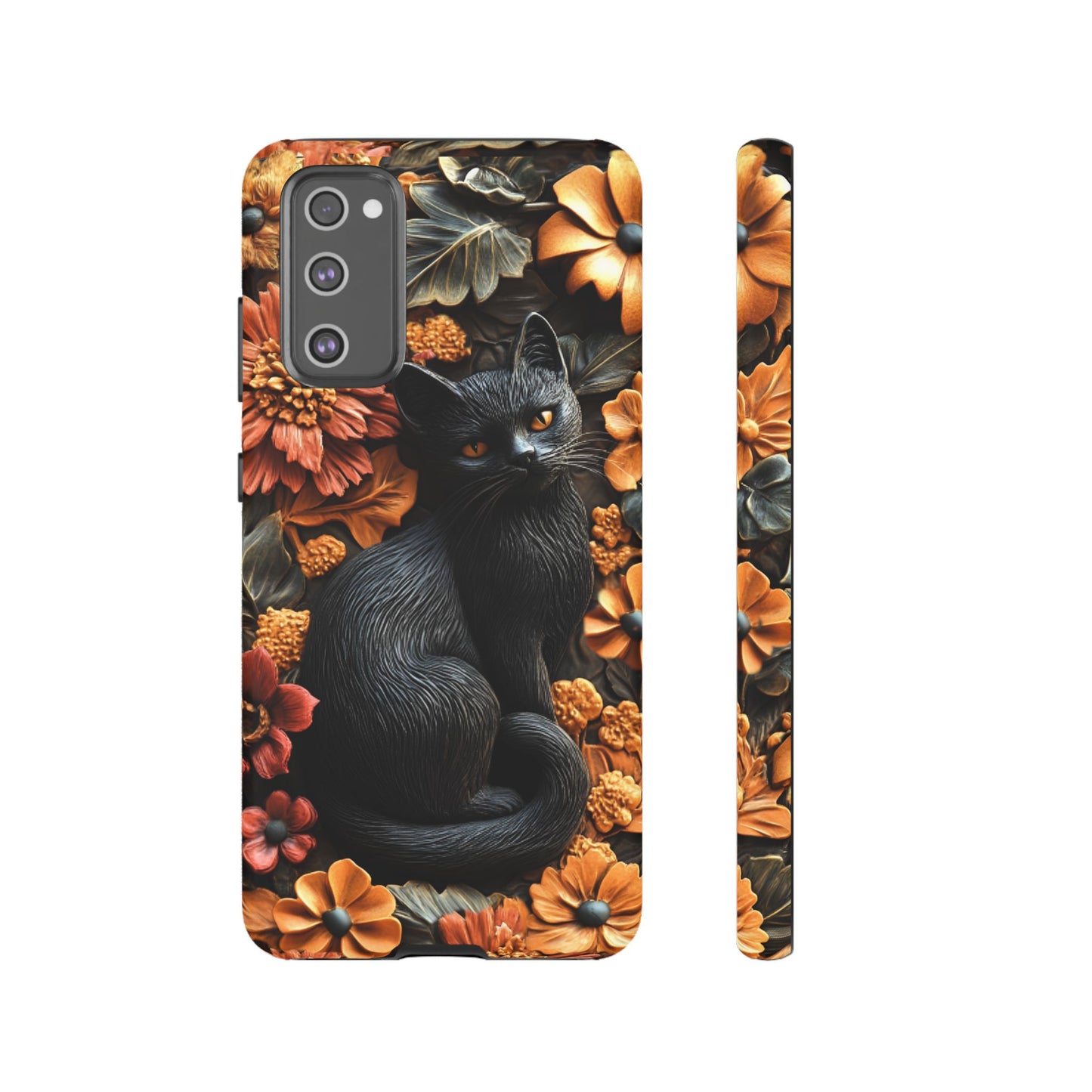 Black Cat Floral Fall Phone Case - Carved Clay Effect Cat Lover Phone Cases - iPhone 16 15 14 13 12 11, Samsung Galaxy & Google Pixel Phone Covers