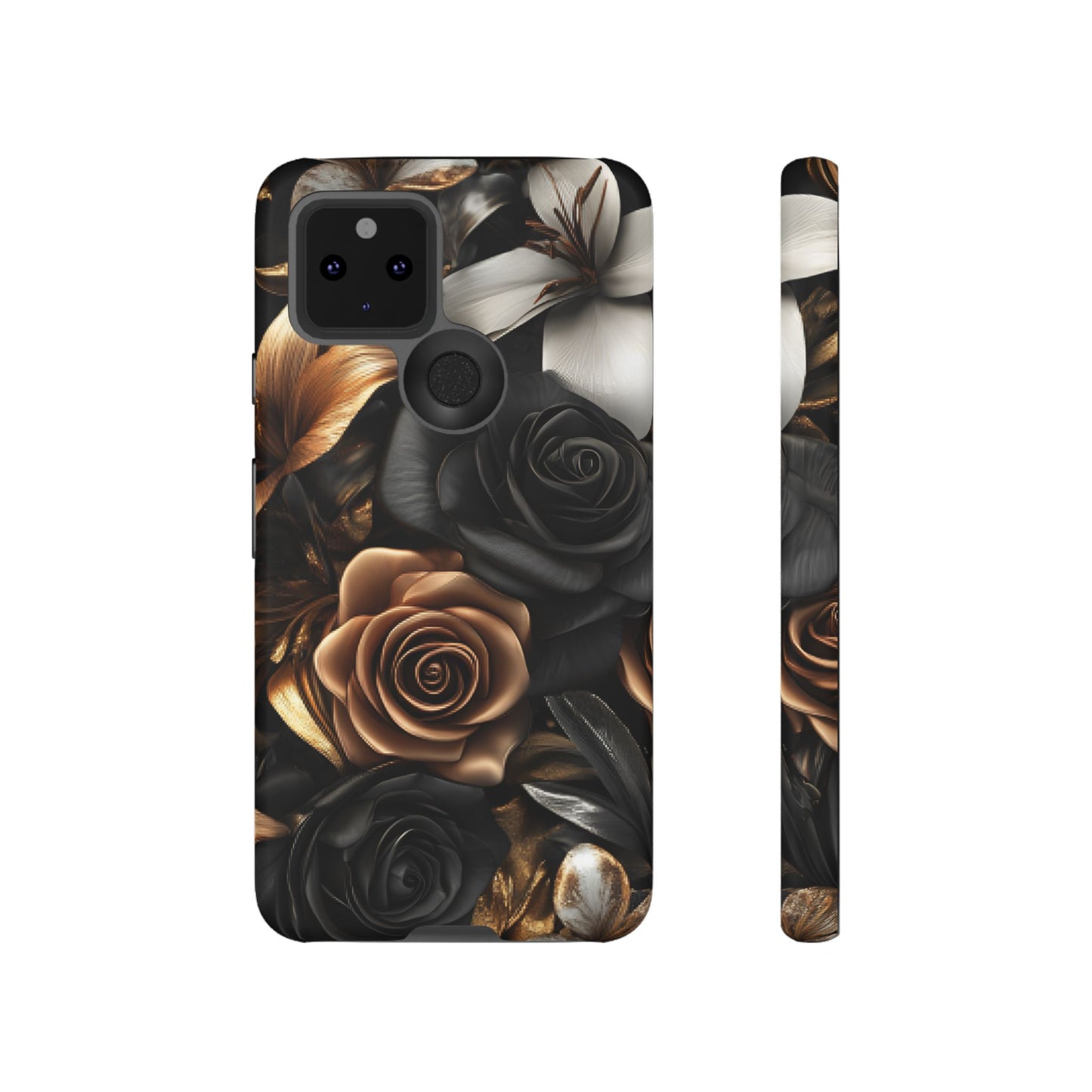 Floral Phone Case - Black and Gold Roses for iPhone 16 15 14 13 12 11, Samsung Galaxy & Google Pixel