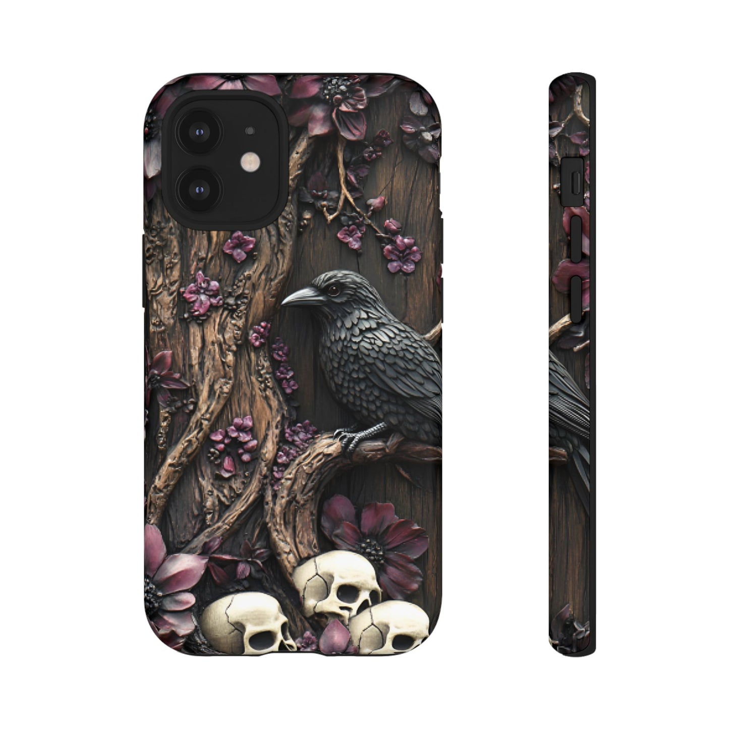 Raven and Skulls Phone Case - Gothic Faux Wood Phone Cases - iPhone 16 15 14 13 12 11, Samsung Galaxy & Google Pixel Phone Covers