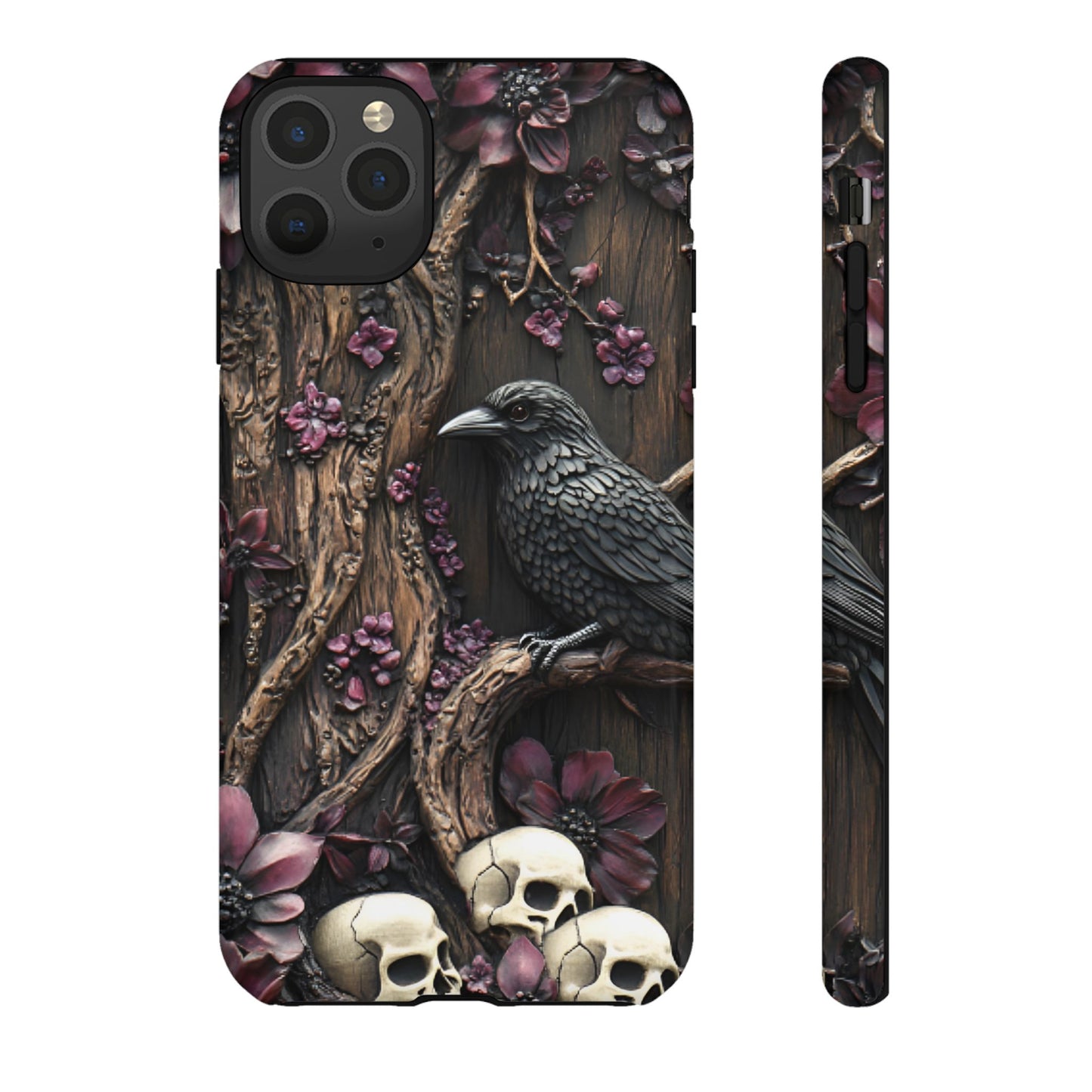 Raven and Skulls Phone Case - Gothic Faux Wood Phone Cases - iPhone 16 15 14 13 12 11, Samsung Galaxy & Google Pixel Phone Covers