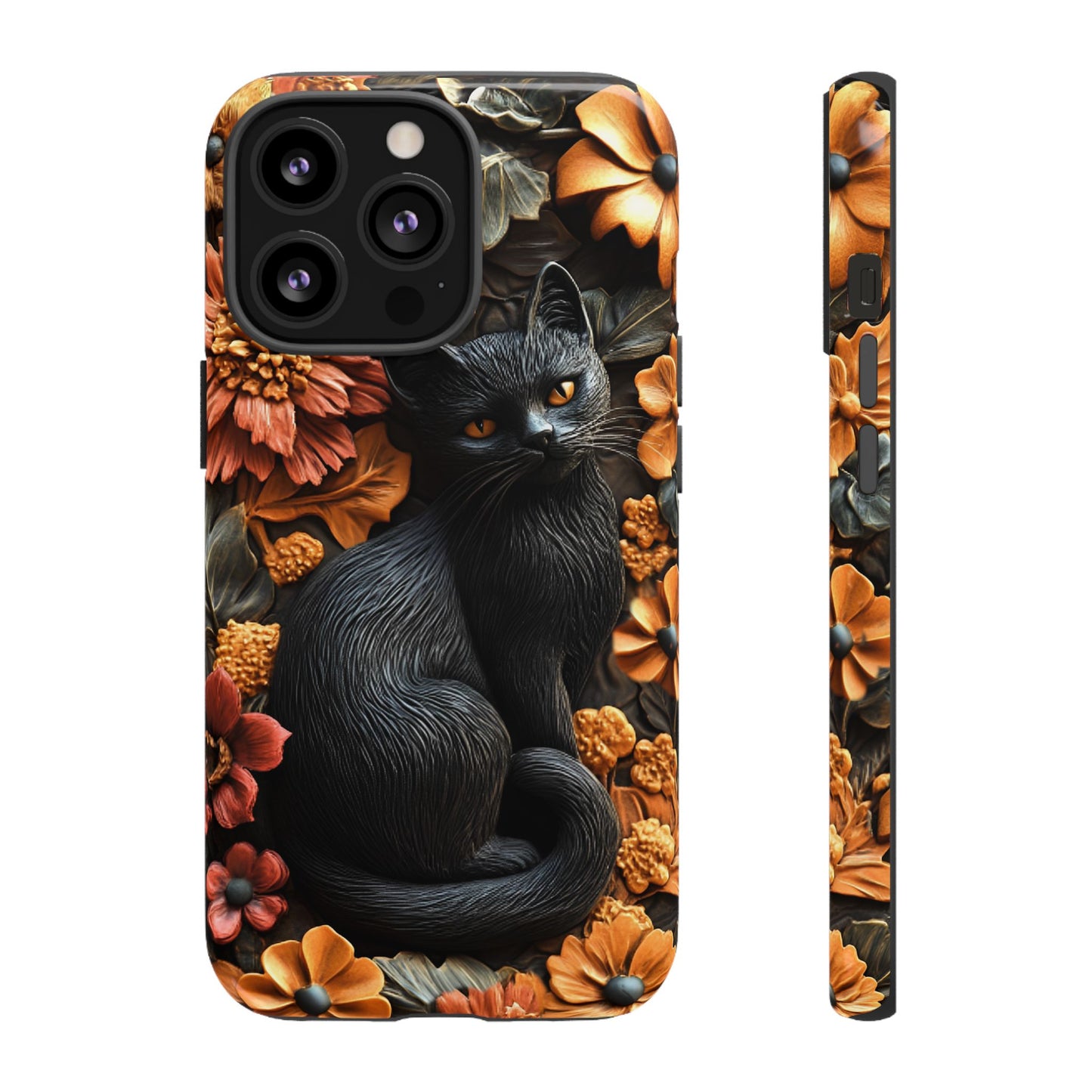 Black Cat Floral Fall Phone Case - Carved Clay Effect Cat Lover Phone Cases for iPhone 16 15 14 13 12 11, Samsung Galaxy & Google Pixel