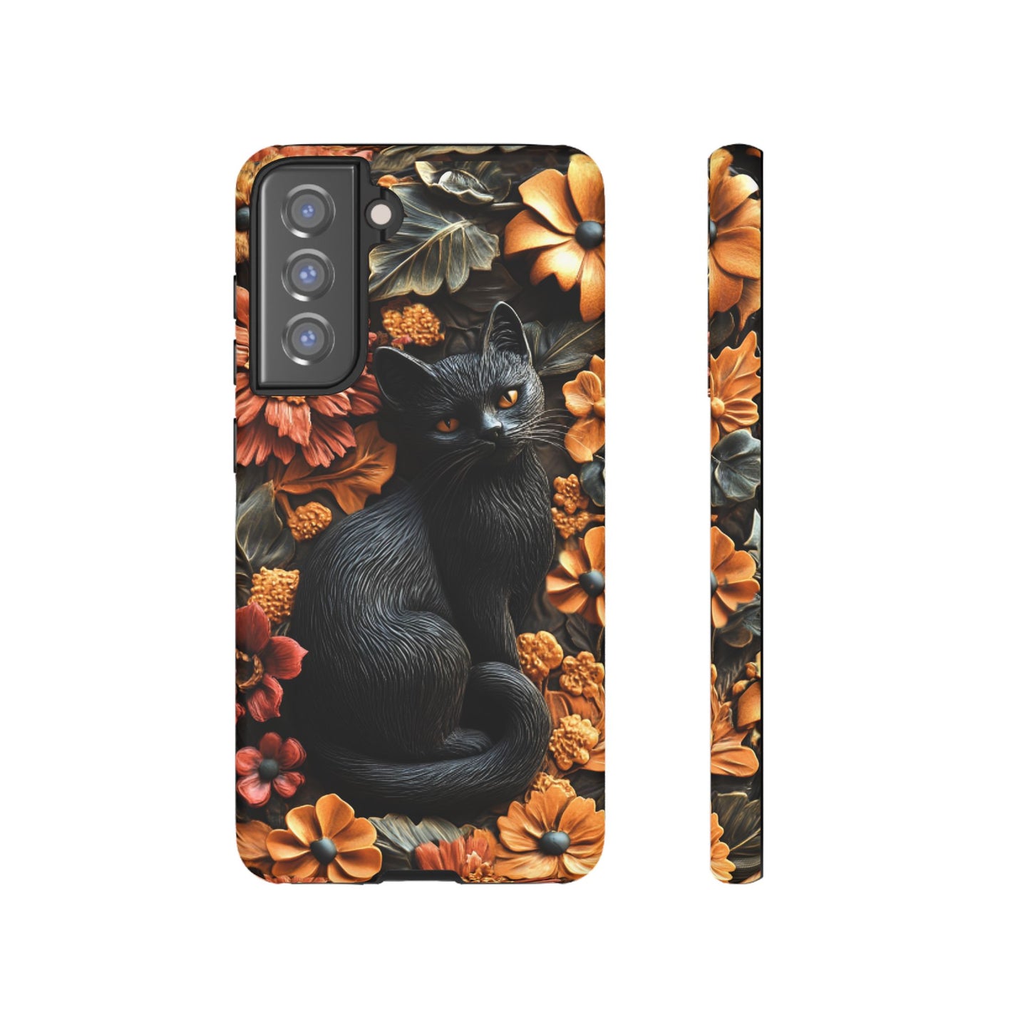 Black Cat Floral Fall Phone Case - Carved Clay Effect Cat Lover Phone Cases - iPhone 16 15 14 13 12 11, Samsung Galaxy & Google Pixel Phone Covers