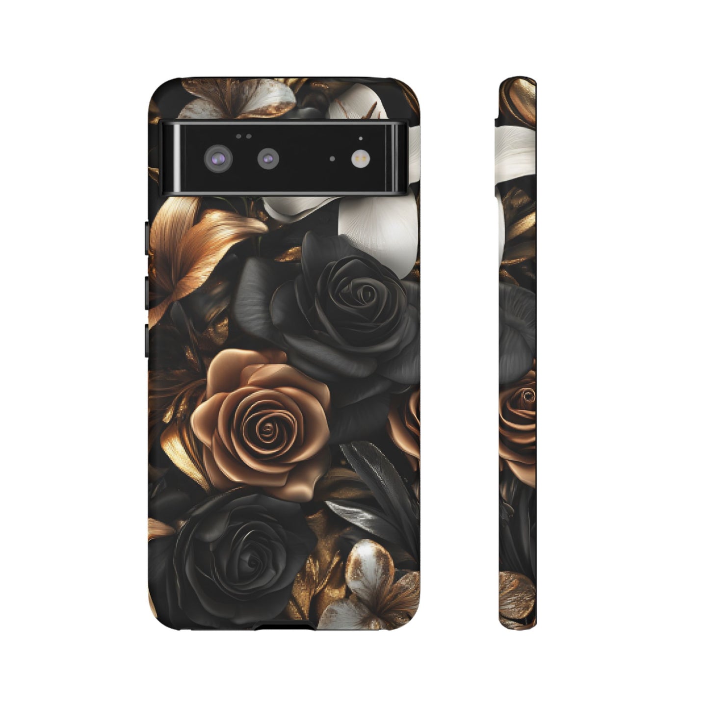 Floral Phone Case - Black and Gold Roses for iPhone 16 15 14 13 12 11, Samsung Galaxy & Google Pixel