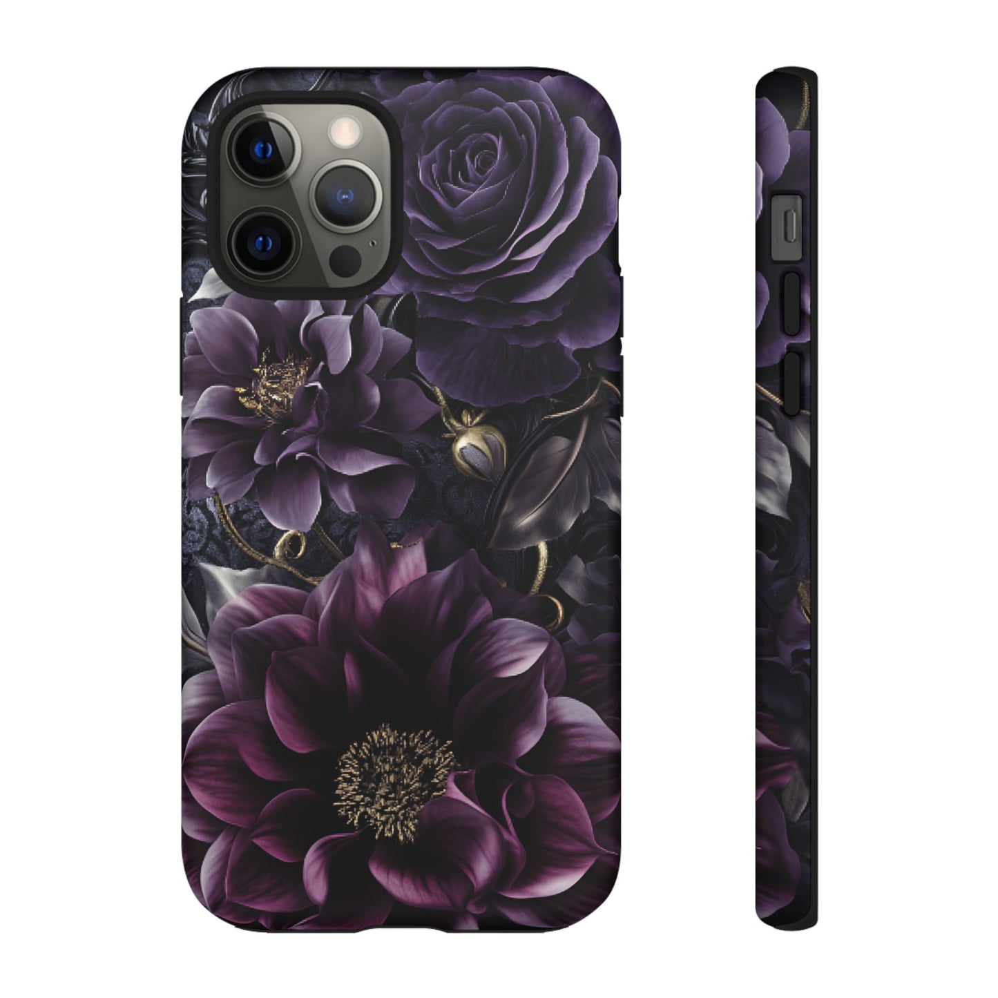 Gothic Dark Floral Phone Case - Aesthetic Purple and Gold Flowers - iPhone 16 15 14 13 12 11, Samsung Galaxy & Google Pixel Phone Covers