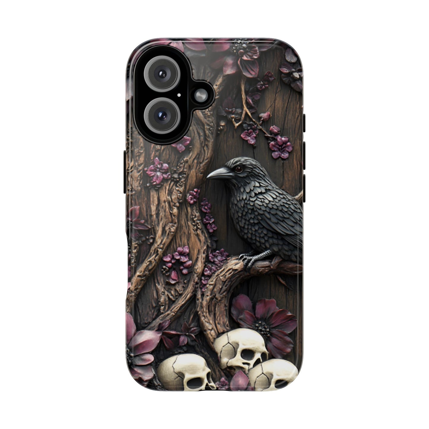 Raven and Skulls Phone Case - Gothic Faux Wood Phone Cases - iPhone 16 15 14 13 12 11, Samsung Galaxy & Google Pixel Phone Covers