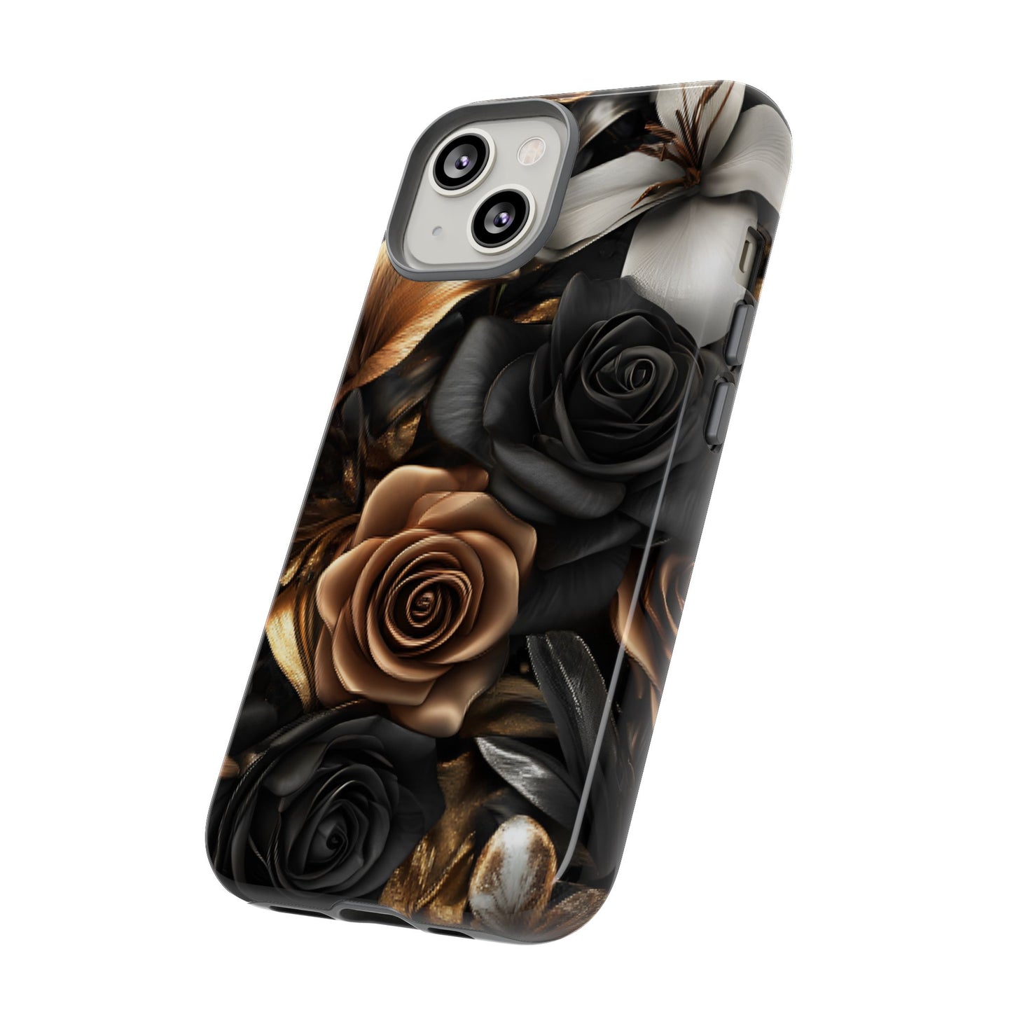 Floral Phone Case - Black and Gold Roses for iPhone 16 15 14 13 12 11, Samsung Galaxy & Google Pixel