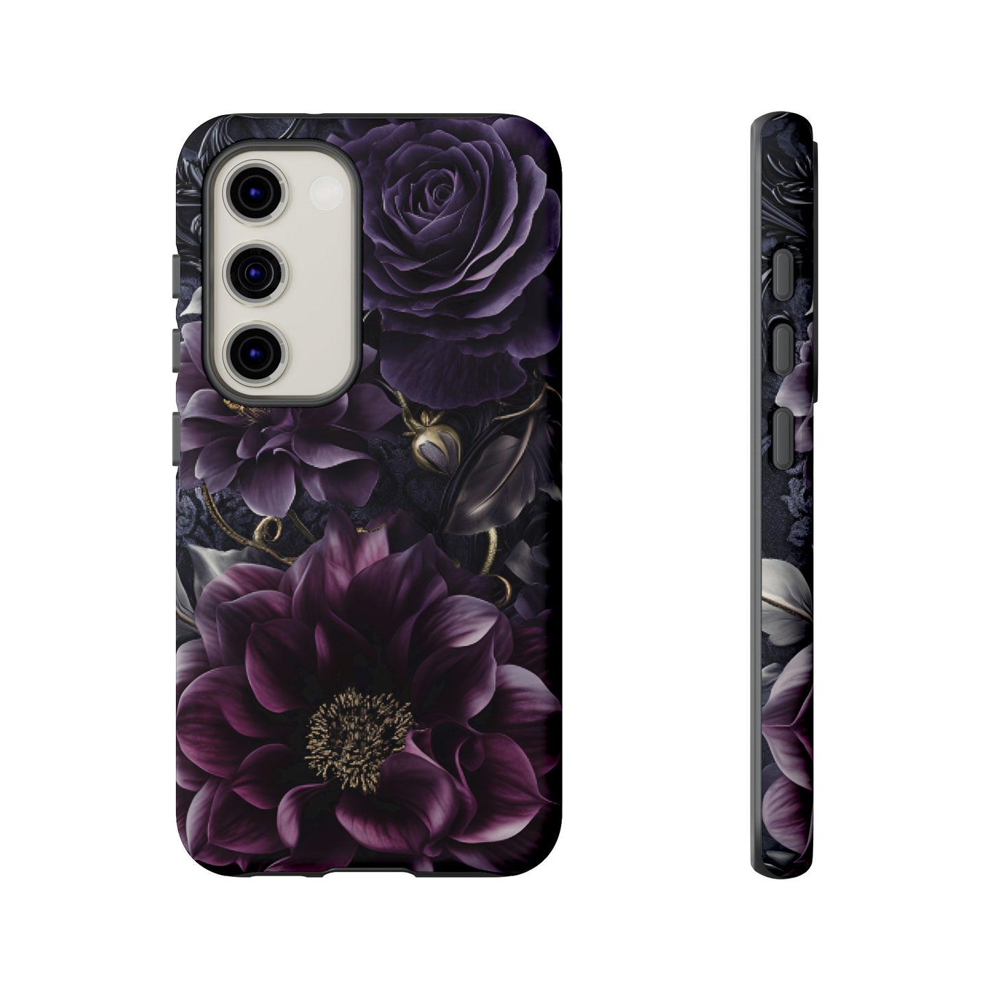 Gothic Dark Floral Phone Case - Aesthetic Purple and Gold Flowers for iPhone 16 15 14 13 12 11, Samsung Galaxy & Google Pixel