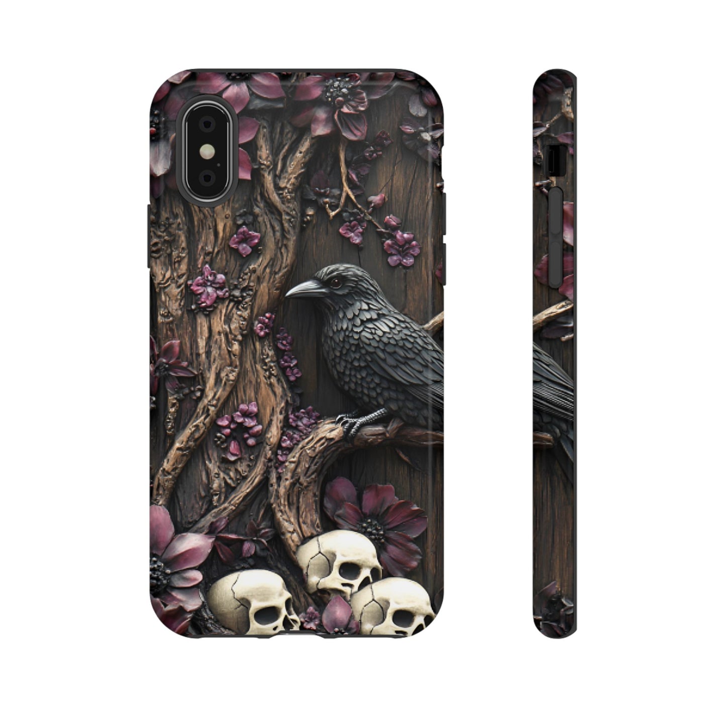 Raven and Skulls Phone Case - Gothic Faux Wood Phone Cases - iPhone 16 15 14 13 12 11, Samsung Galaxy & Google Pixel Phone Covers - Boo and Bewear