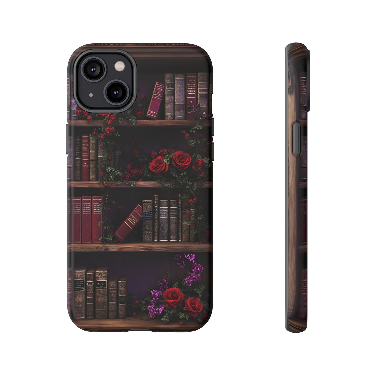 Book Lovers Phone Case - Roses and Books in Moody Vintage Bookshelf for iPhone 16 15 14 13 12 11, Samsung Galaxy & Google Pixel