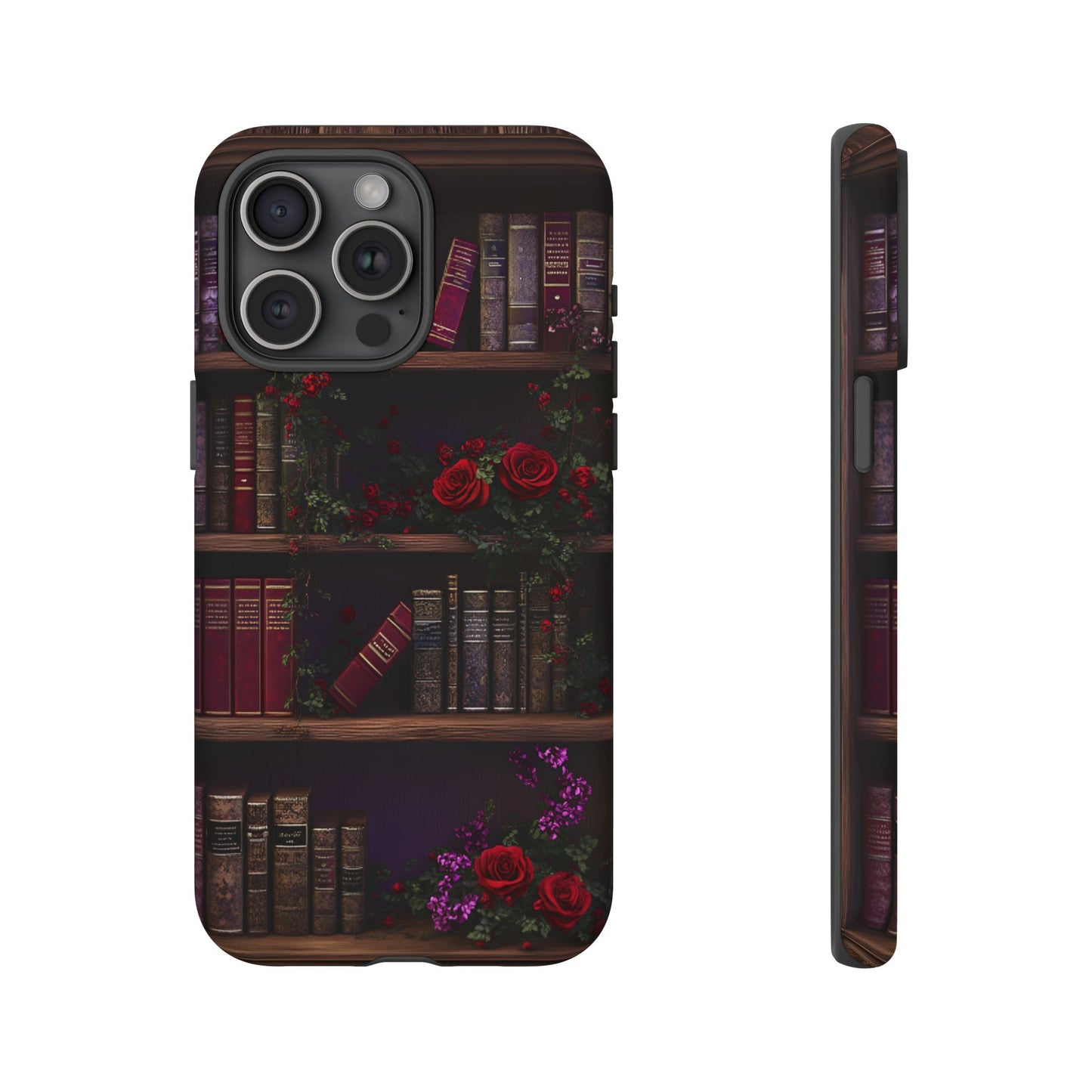 Book Lovers Phone Case - Roses and Books in Moody Vintage Bookshelf - iPhone 16 15 14 13 12 11, Samsung Galaxy & Google Pixel Phone Covers