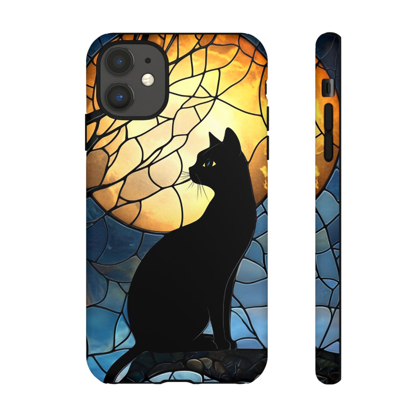 Black Cat and Moon Stained Glass Phone Case - Celestial Cat Lover Phone Cases for iPhone 16 15 14 13 12 11, Samsung Galaxy & Google Pixel