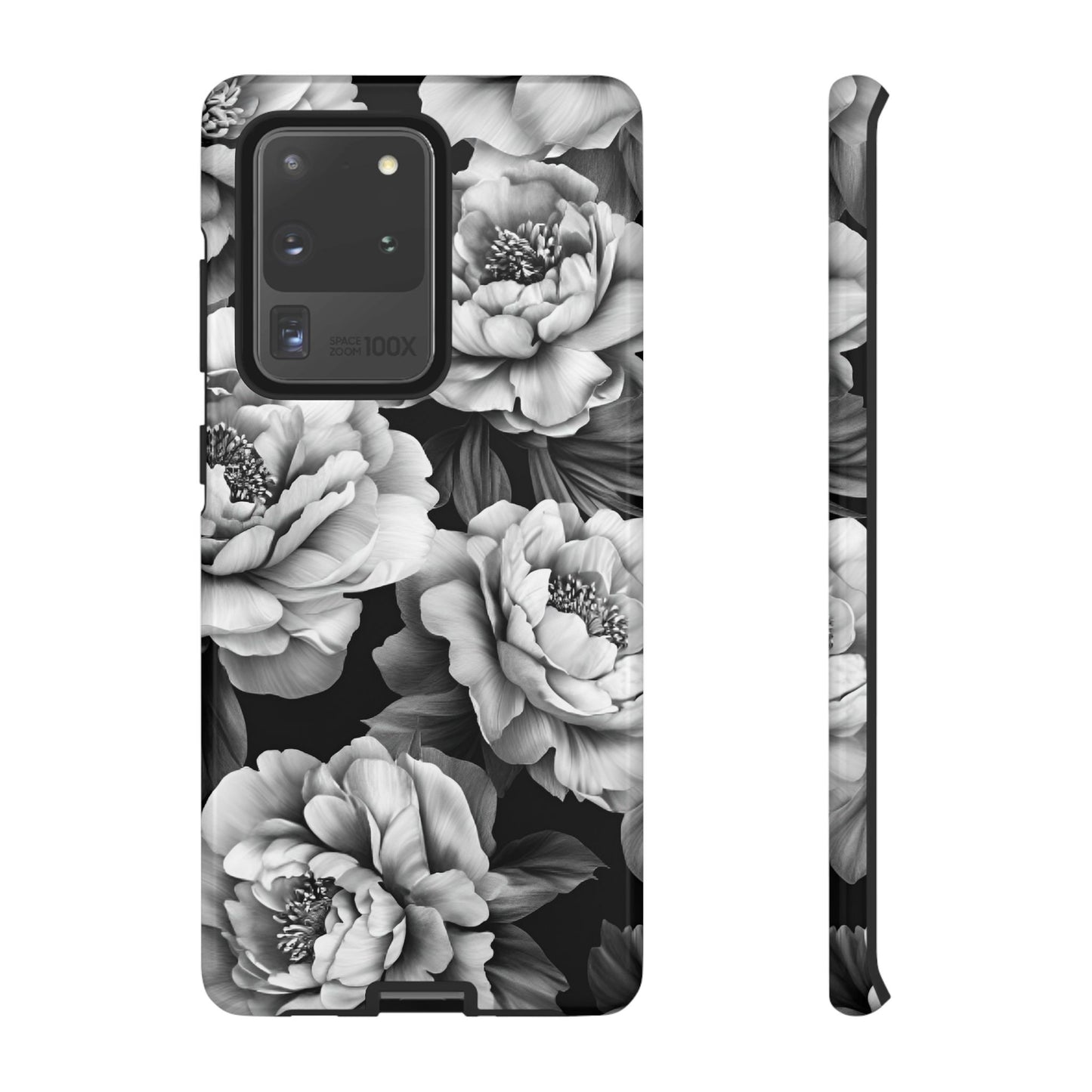 Black and White Peony Flower Phone Case - Aesthetic Dark Floral Phone Cases for iPhone 16 15 14 13 12 11, Samsung Galaxy & Google Pixel