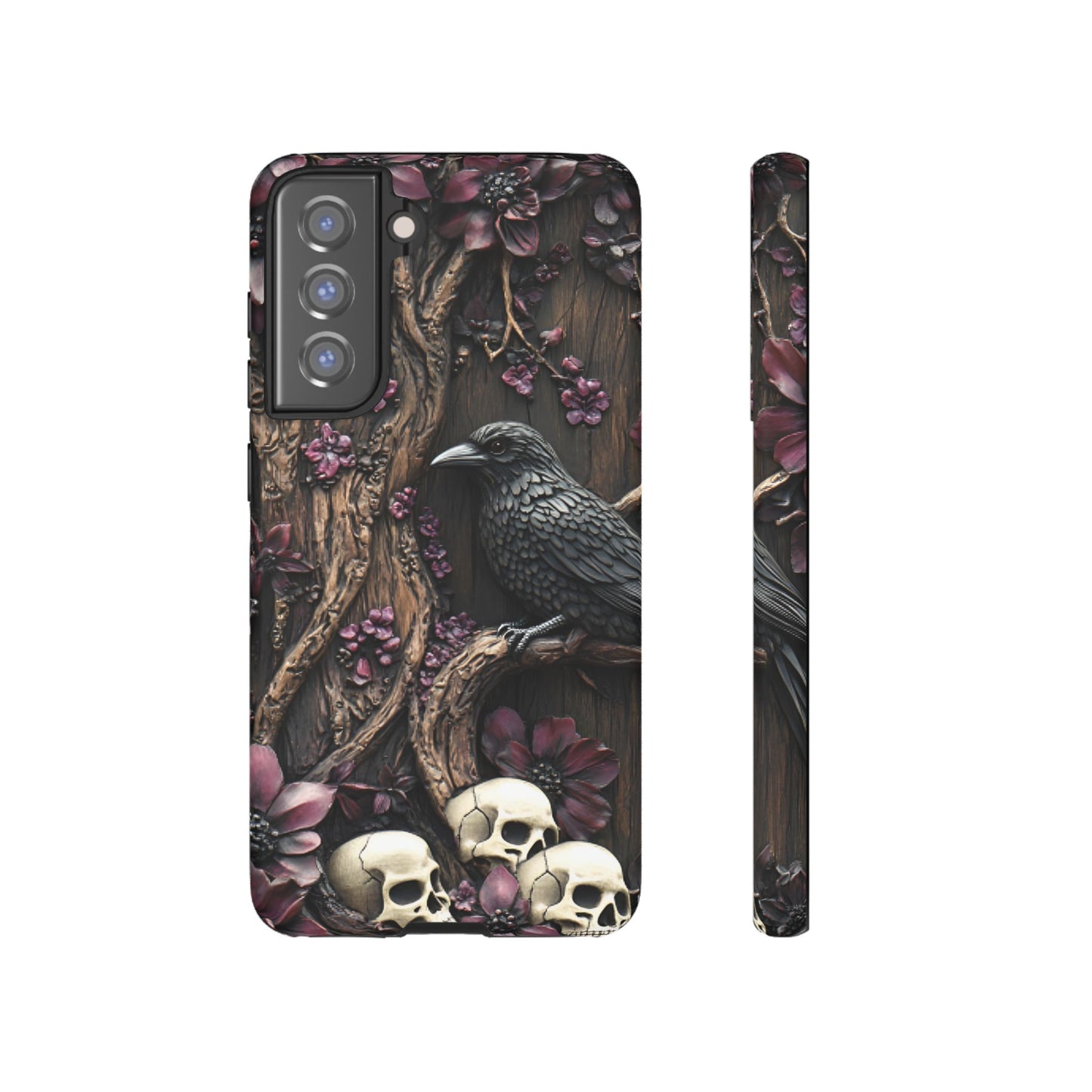 Raven and Skulls Phone Case - Gothic Faux Wood Phone Cases - iPhone 16 15 14 13 12 11, Samsung Galaxy & Google Pixel Phone Covers