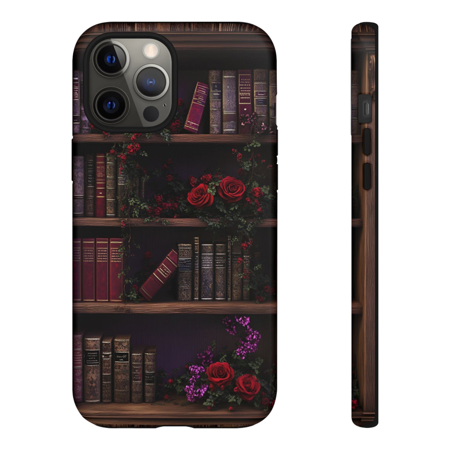 Book Lovers Phone Case - Roses and Books in Moody Vintage Bookshelf - iPhone 16 15 14 13 12 11, Samsung Galaxy & Google Pixel Phone Covers