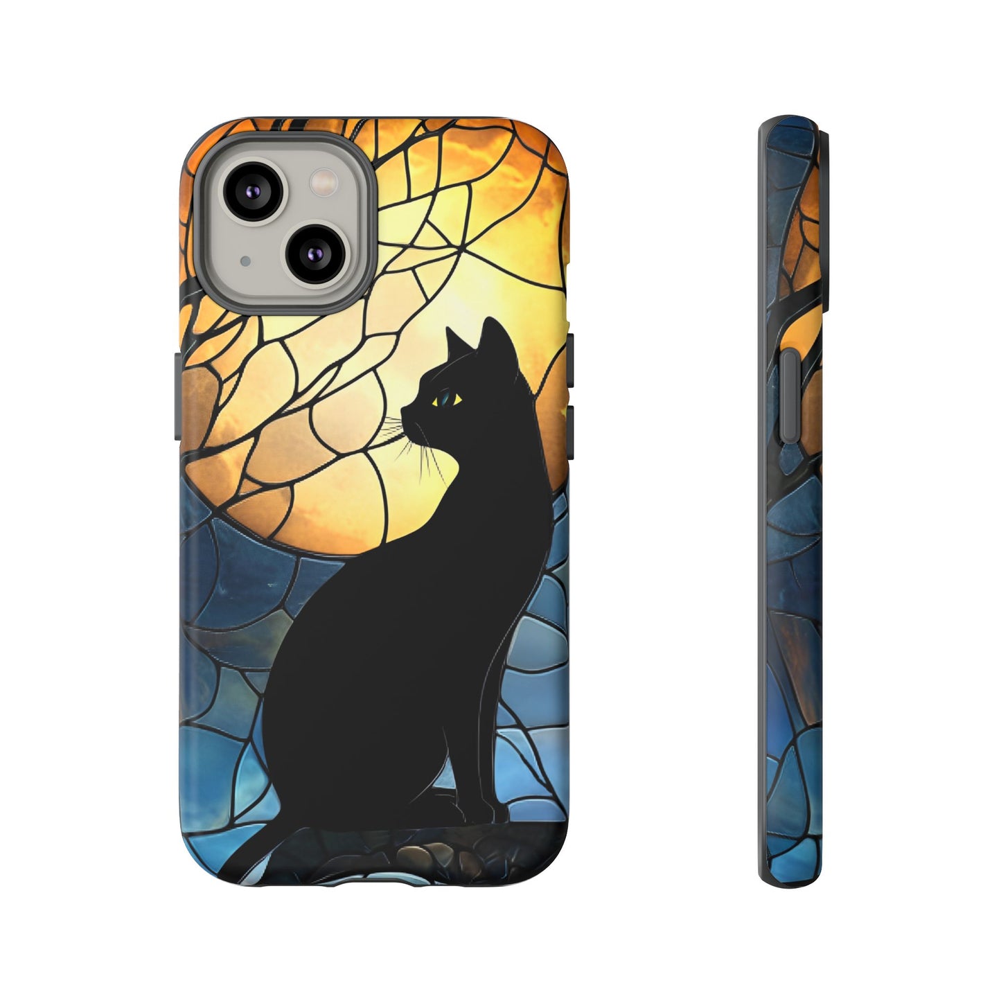 Black Cat and Moon Stained Glass Phone Case - Celestial Cat Lover Phone Cases - iPhone 16 15 14 13 12 11, Samsung Galaxy & Google Pixel Phone Covers