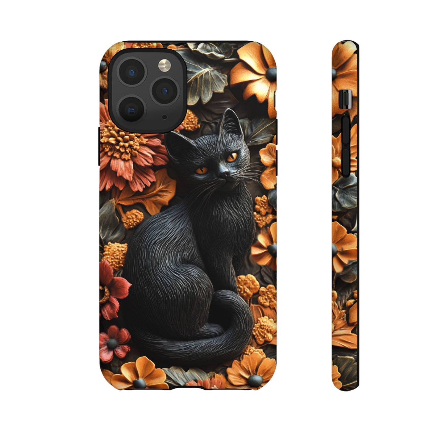 Black Cat Floral Fall Phone Case - Carved Clay Effect Cat Lover Phone Cases for iPhone 16 15 14 13 12 11, Samsung Galaxy & Google Pixel