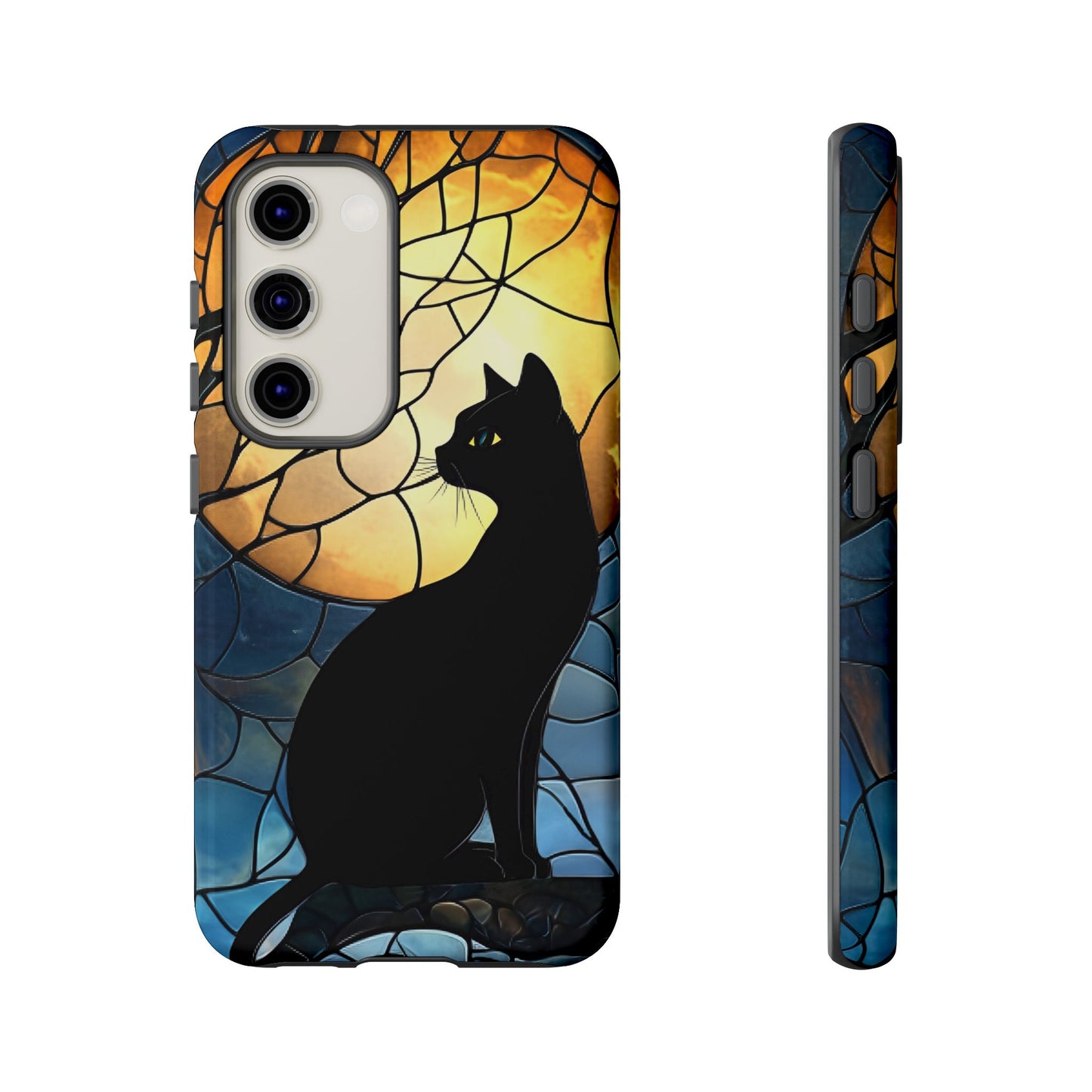 Black Cat and Moon Stained Glass Phone Case - Celestial Cat Lover Phone Cases for iPhone 16 15 14 13 12 11, Samsung Galaxy & Google Pixel