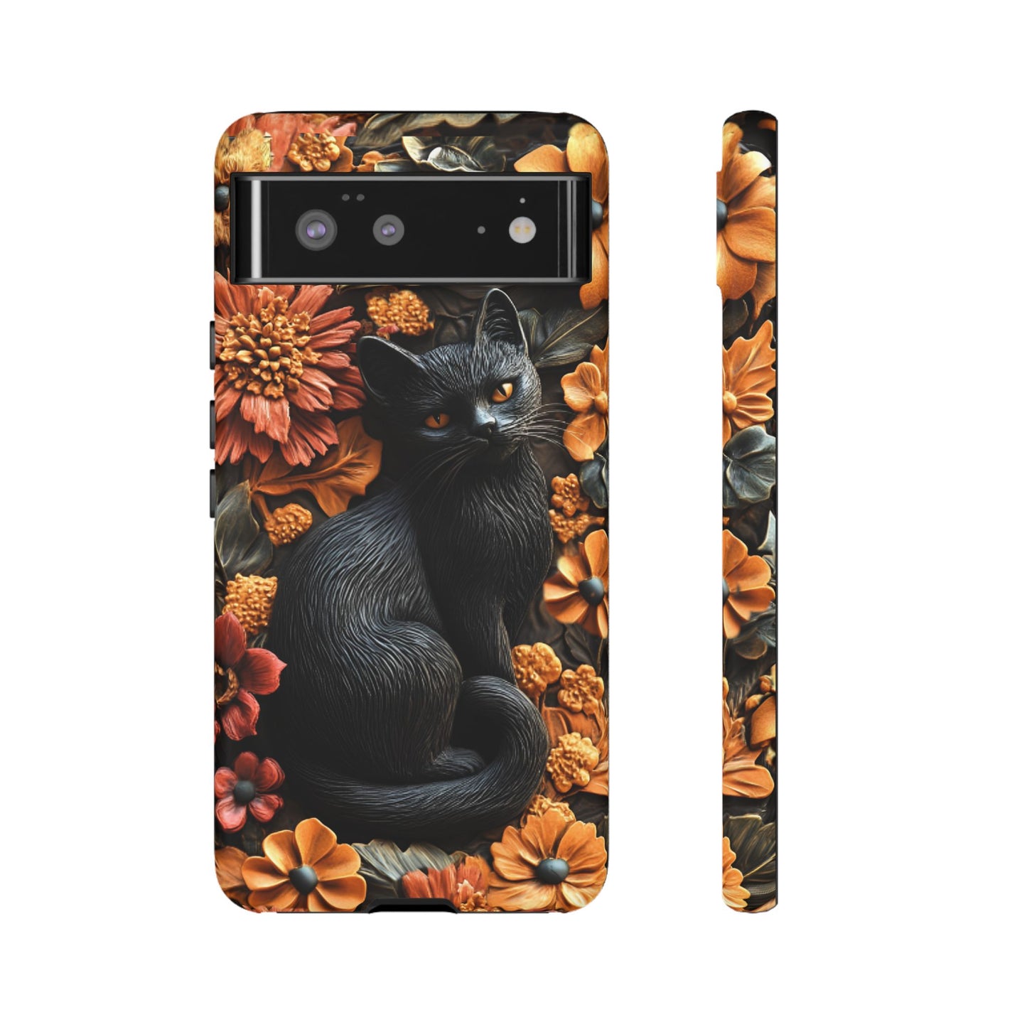 Black Cat Floral Fall Phone Case - Carved Clay Effect Cat Lover Phone Cases - iPhone 16 15 14 13 12 11, Samsung Galaxy & Google Pixel Phone Covers