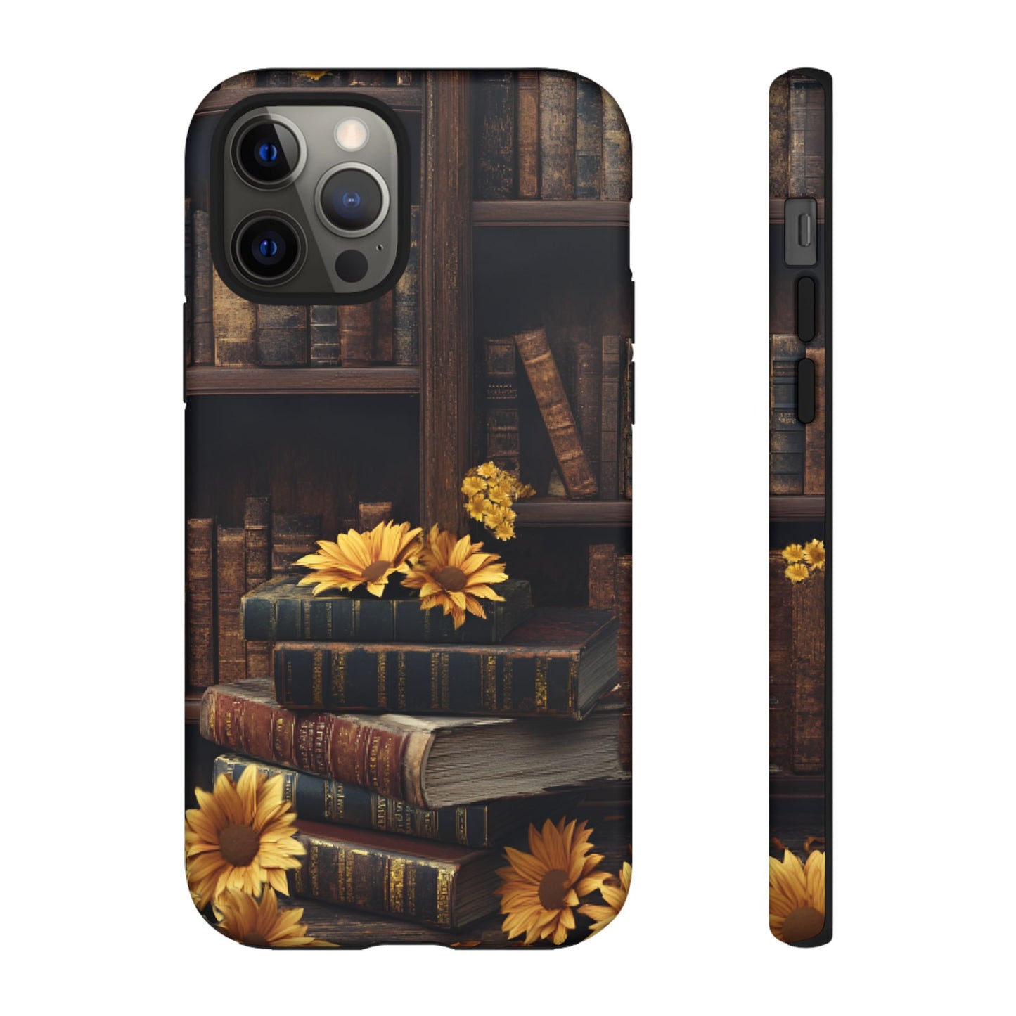 Vintage Books and Sunflowers Phone Case - Dark Academia Library Phone Cases for iPhone 16 15 14 13 12 11, Samsung Galaxy & Google Pixel