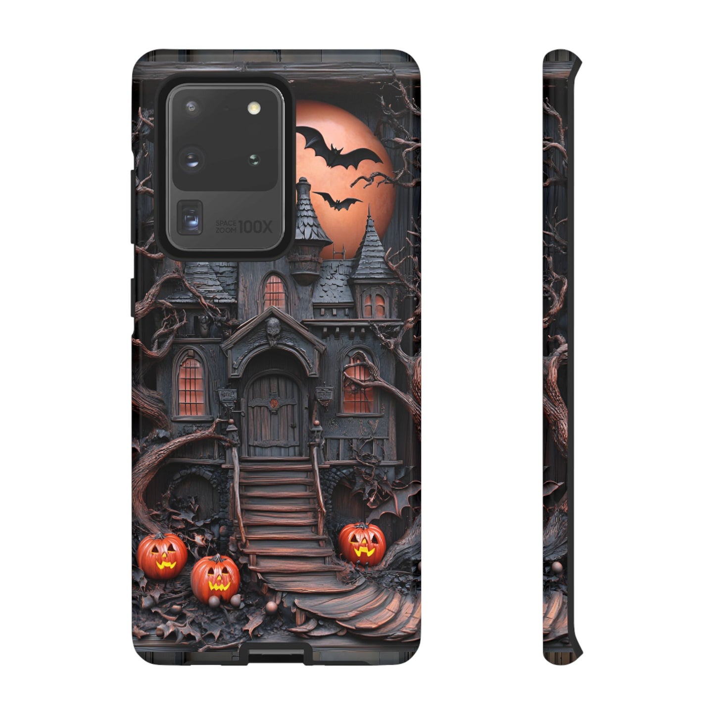 Carved Wood Haunted House Phone Case - Faux Wood Spooky Halloween Phone Cases - iPhone 16 15 14 13 12 11, Samsung Galaxy & Google Pixel Phone Covers