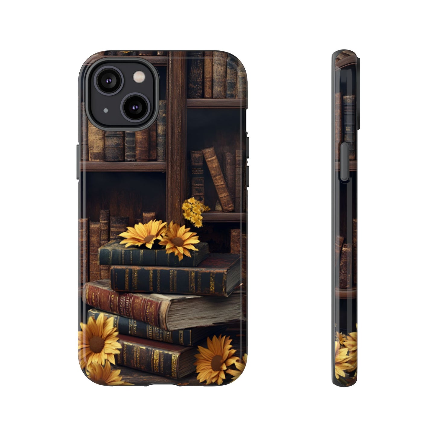 Vintage Books and Sunflowers Phone Case - Dark Academia Library Phone Cases for iPhone 16 15 14 13 12 11, Samsung Galaxy & Google Pixel