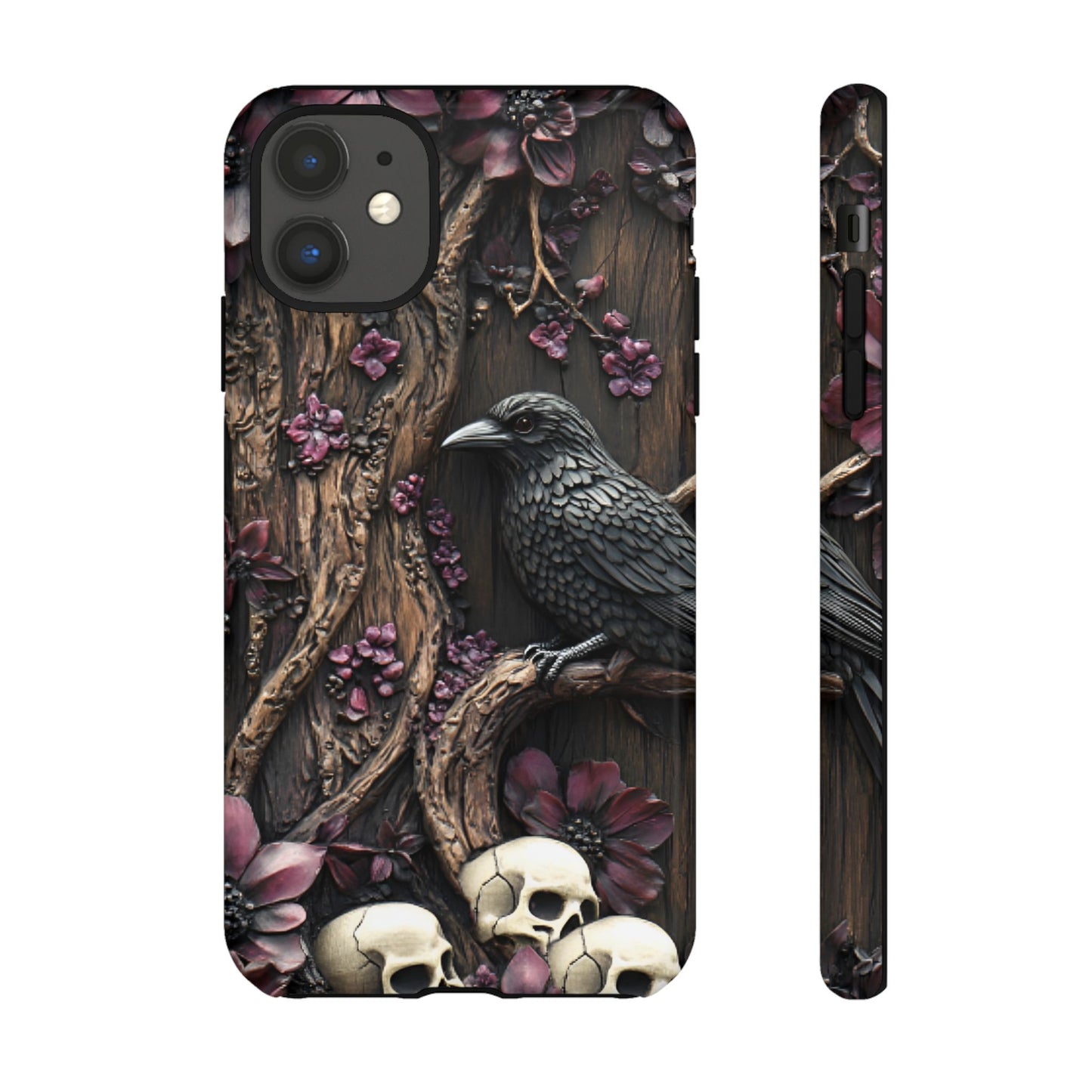 Raven and Skulls Phone Case - Gothic Faux Wood Phone Cases - iPhone 16 15 14 13 12 11, Samsung Galaxy & Google Pixel Phone Covers